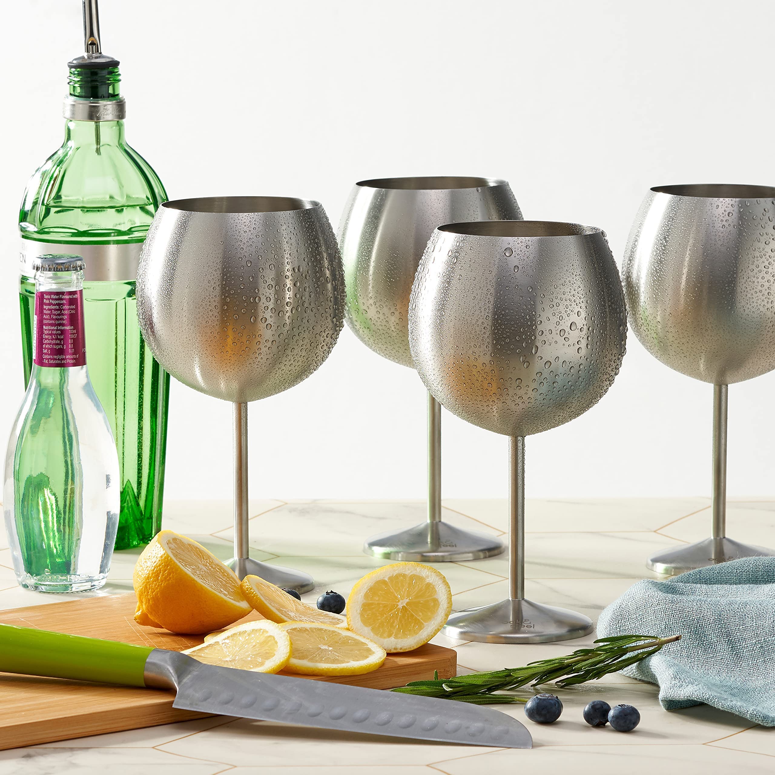 OS Oak & Steel ENGLAND - 4 Grandi Bicchieri da Gin a Palloncino in Acciaio Inossidabile, Bicchieri da Cocktail (XL 700 ml) - Argento Opaco - Robusti e Infrangibili - Set Regalo per Compleanni e Natale