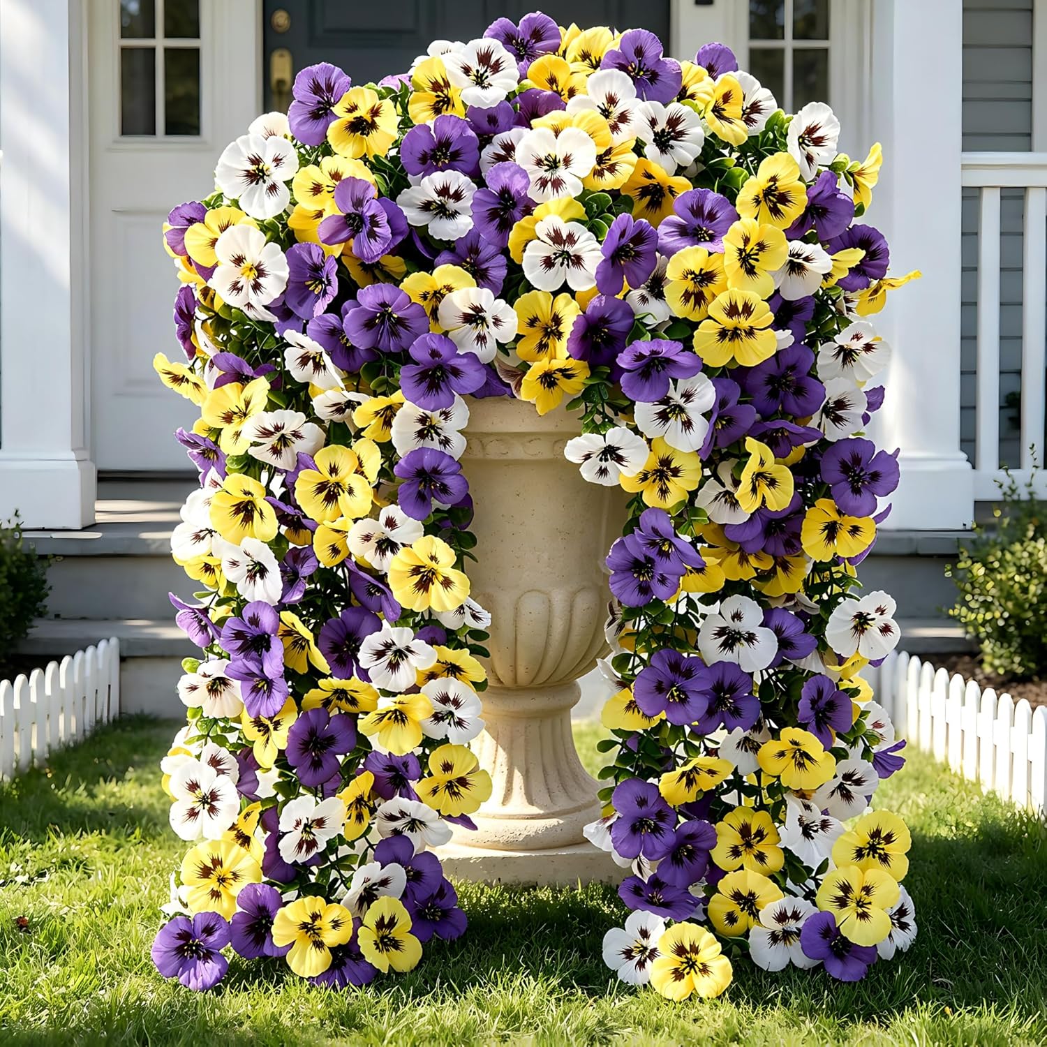 Artificial Pansies Flowers for Outdoors, 2 Pcs Faux Hanging Pansy UV Resistant Fake Plants for Outside Planter Porch Yard Patio Home Decor, Yellow White Purple