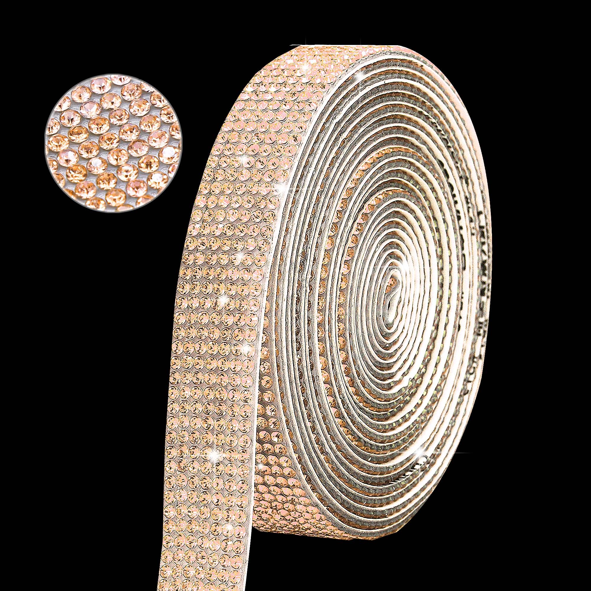 Self Adhesive Champagne Rhinestone Ribbon Strips, 3 Yards Bling Crystal Ribbon Rhinestone Sticker with 2 mm Rhinestone for DIY Car&Craft Decoration Wedding Christmas Gift (Champagne)