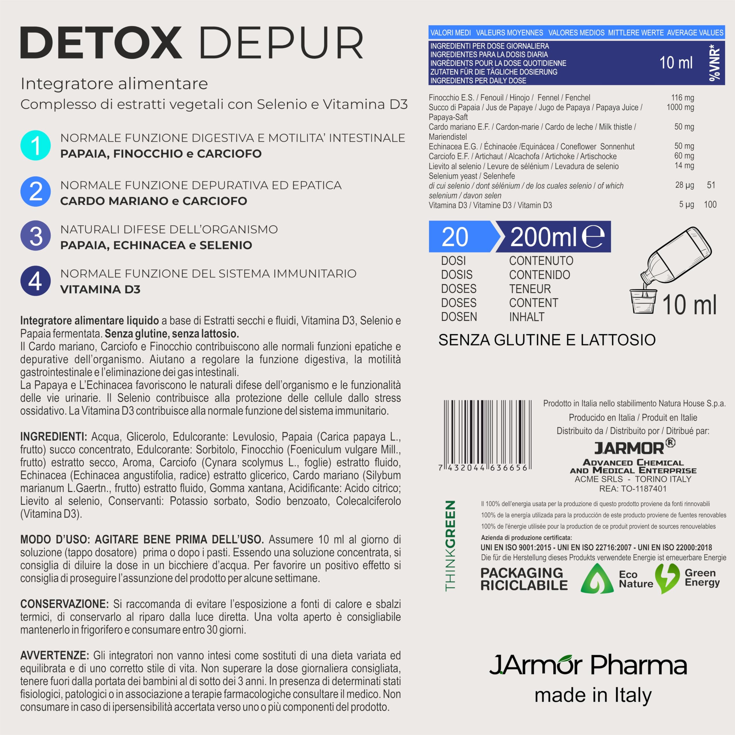 Detox Fegato e Intestino Depur Liquido 200 ml Drenante Naturale con Cardo Mariano Carciofo Finocchio Echinacea Papaia Selenio Vitamina D3 per Pancia Sgonfia Made in Italy