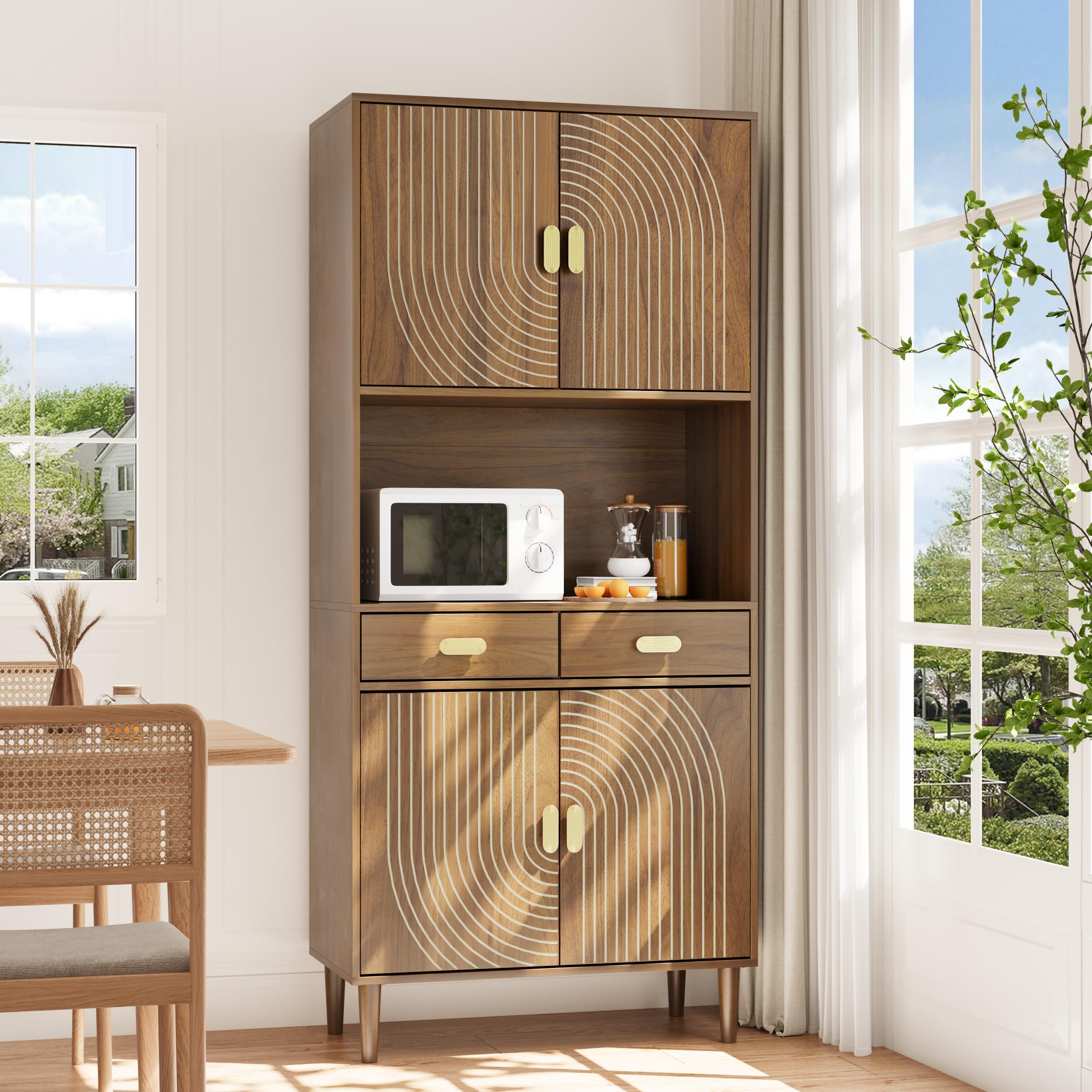 Smuxee 76.77" Walnut Kitchen Pantry Cabinet, Tall Food Pantry Cabinet with Line Groove Design, Kitchen Hutch Cabinet with Microwave Stand for Dining Room Living Room