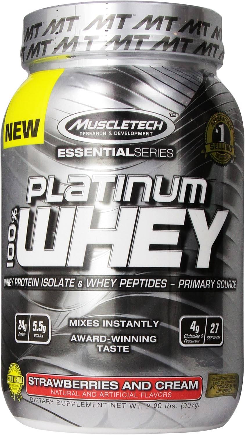 MuscleTech Platinum 100% Whey Protein Powder, Strawberries and Cream, 2.0 lbs (907g)