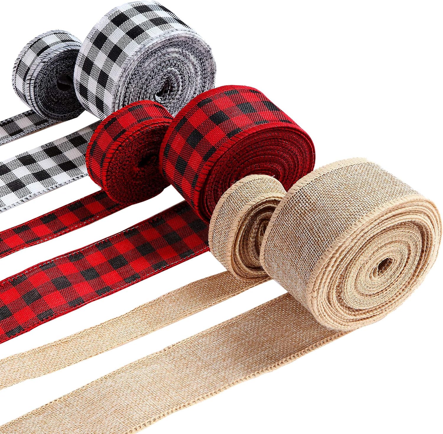 6 Rolls 45 Yards Christmas Wired Edge Ribbons Plaid Ribbon Buffalo Plaid Ribbon Natural Fabric Ribbon for DIY Wrapping, Crafts Decoration (Red and Black, Black and White, Yellow Linen) : Arts, Crafts & Sewing