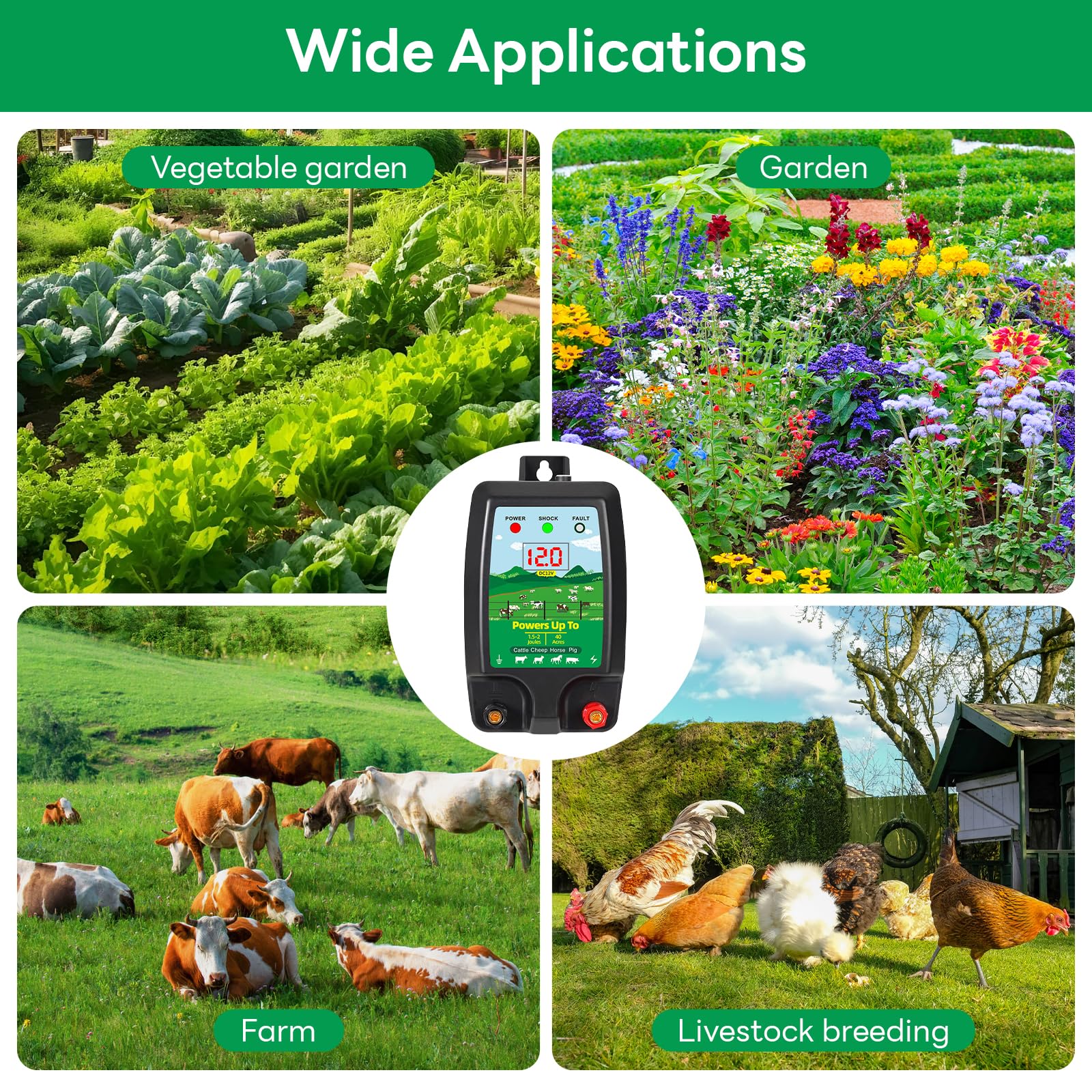 Dispositivo de cerca eléctrica de 12 V con pantalla LED, alcance 10 km, 2 julios, 12 kV, para proteger animales de granja, aves de corral, pastos y jardines