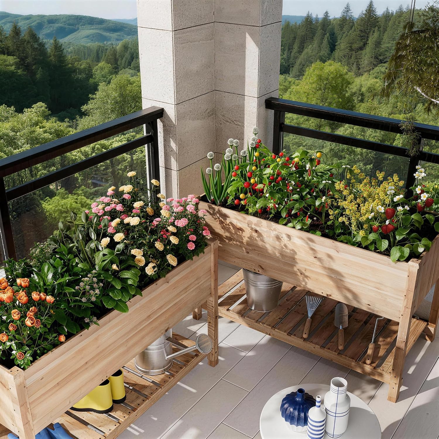 Raised Garden Bed with Legs,47.2x23.6x30in Wooden Raised Garden Box with Bed Liners,Storage Shelf for Outdoor Garden, Patio, Elevated Wood Planter for Vegetables, Fruits, Flowers