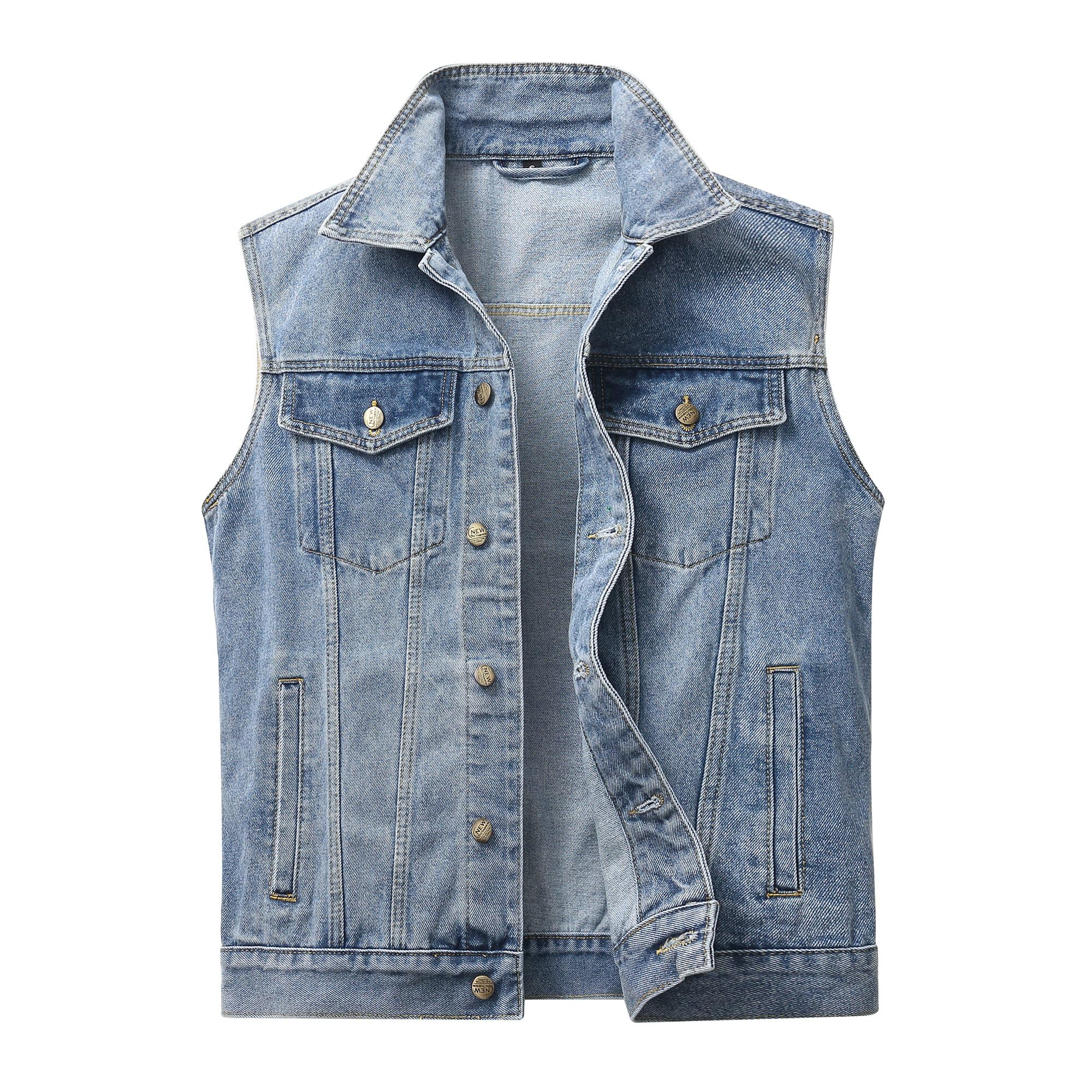 Hombre Jeans Chaleco Clásico Vintage Jeans Chaqueta Chaleco Sin Manga Corta de Moto Algodón Vaquera Chalecos lavable con solapas