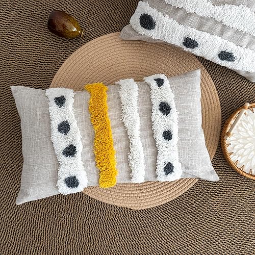 Miniatura 6 de Funda de cojín lumbar bohemia copetuda con rayas tejidas a mano, funda de cojín decorativa simple de lino y algodón para sofá (1 unidad (beige