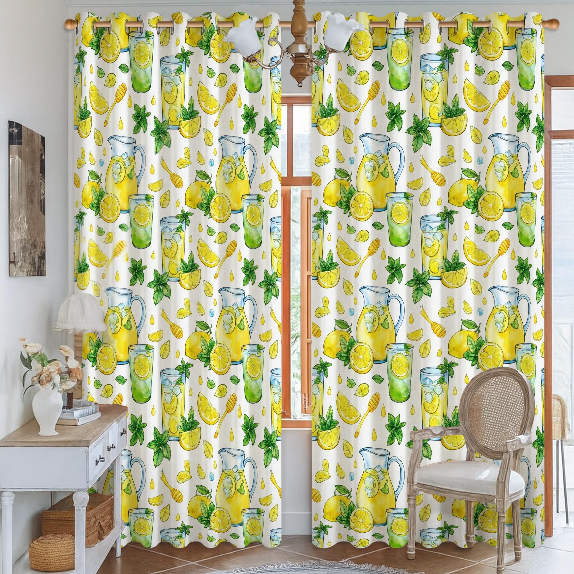 Rideau occultant chambre motif citron jaune vert menthe 132x213cm