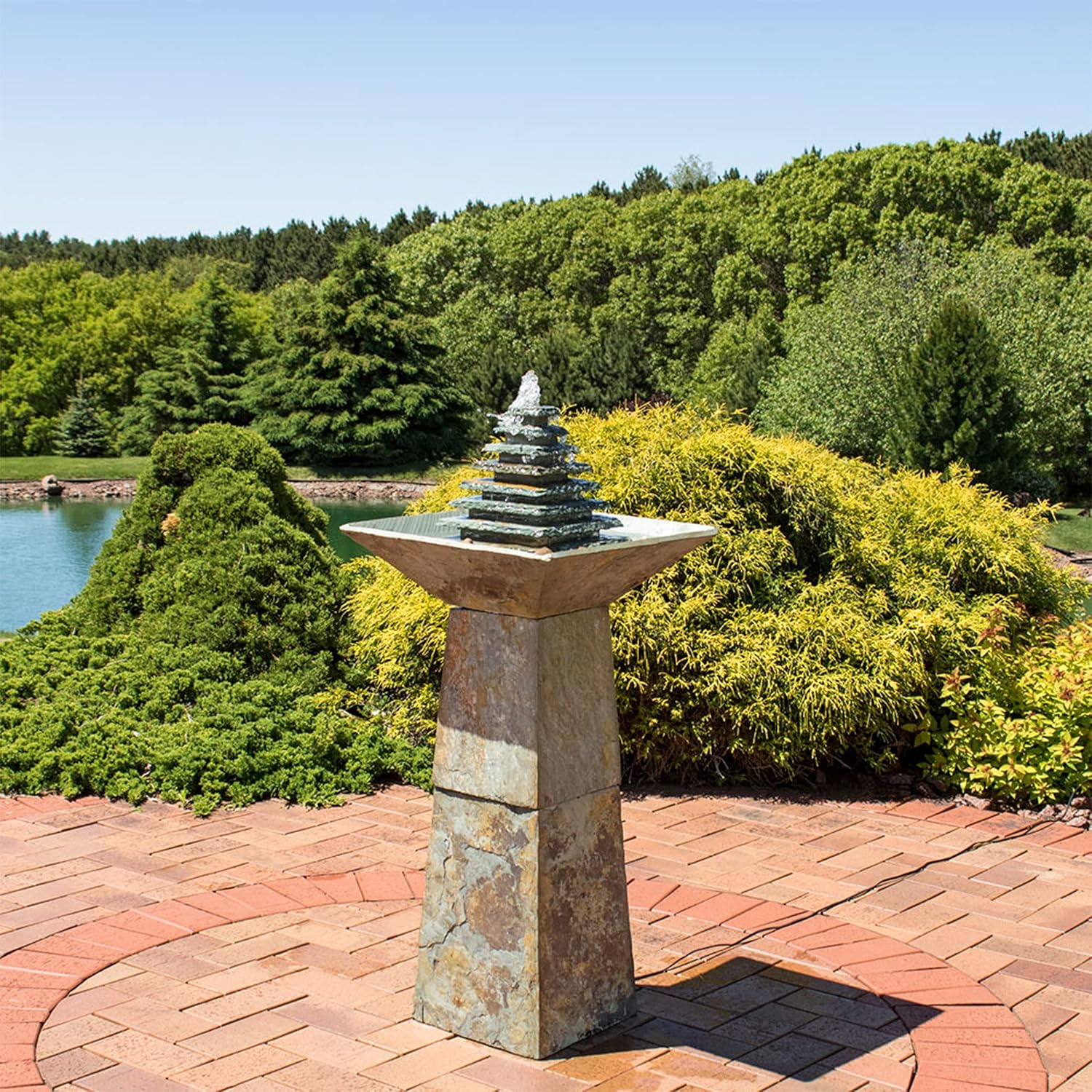 Sunnydaze 40-Inch Slate Outdoor Water Fountain - Layered Pyramid Outdoor Water Feature with LED Lights for Patio, Deck, Garden