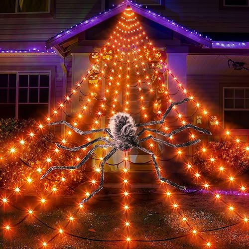 Miniatura 8 de Red de araña solar para decoración de Halloween, 16.4 x 15.7 pies, enorme telaraña triangular alimentada por energía solar, 192 LED, 8 modos,
