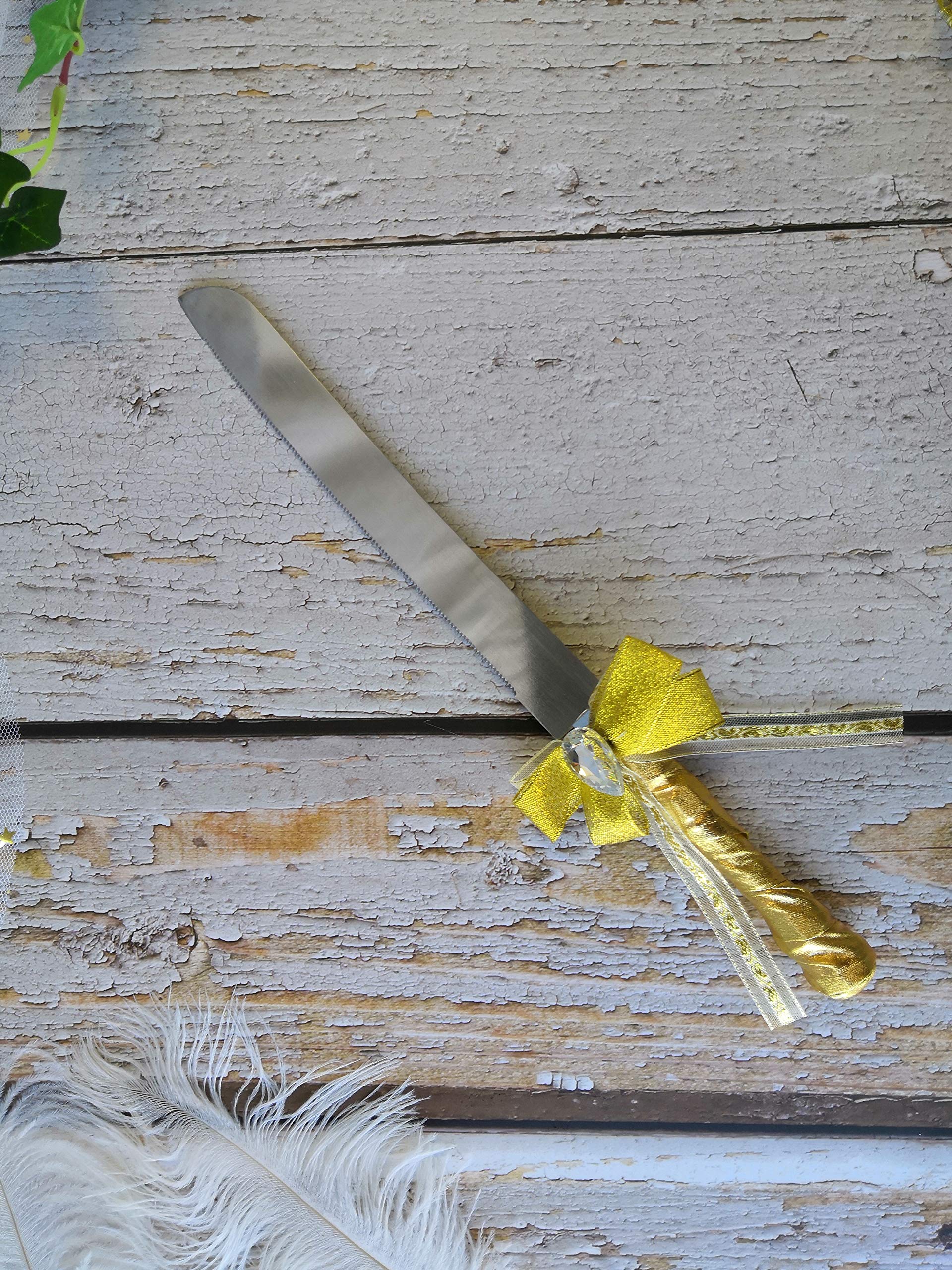 Abbie Home Cake Knife Server Set Wedding Quinceanera Cake Cutter Tool with Rhinestone Golden Lace Bow Decorated Glasses, Set of 2 (Cake Knife&Server Set)