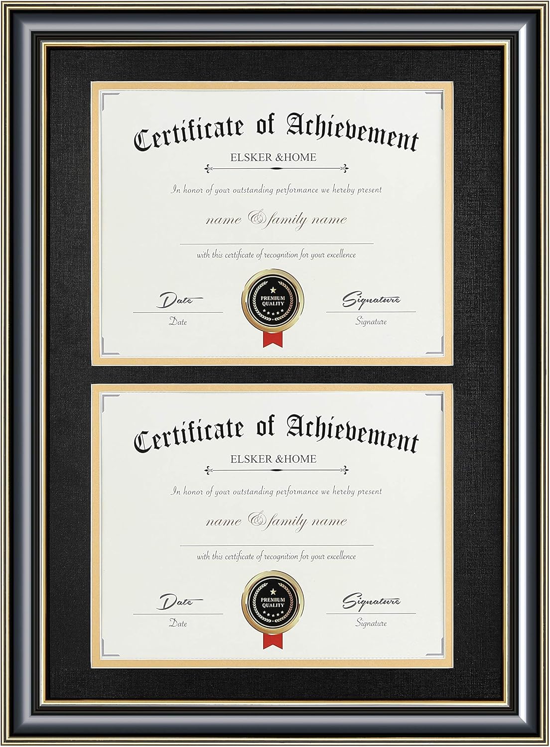 ELSKER&HOME Wood Picture Frame, 16.73x22.64in, Double Mat Black Mat with Golden Rim, Document Frame for 2 8.5x11in Certificates, Diploma, Wall Mount