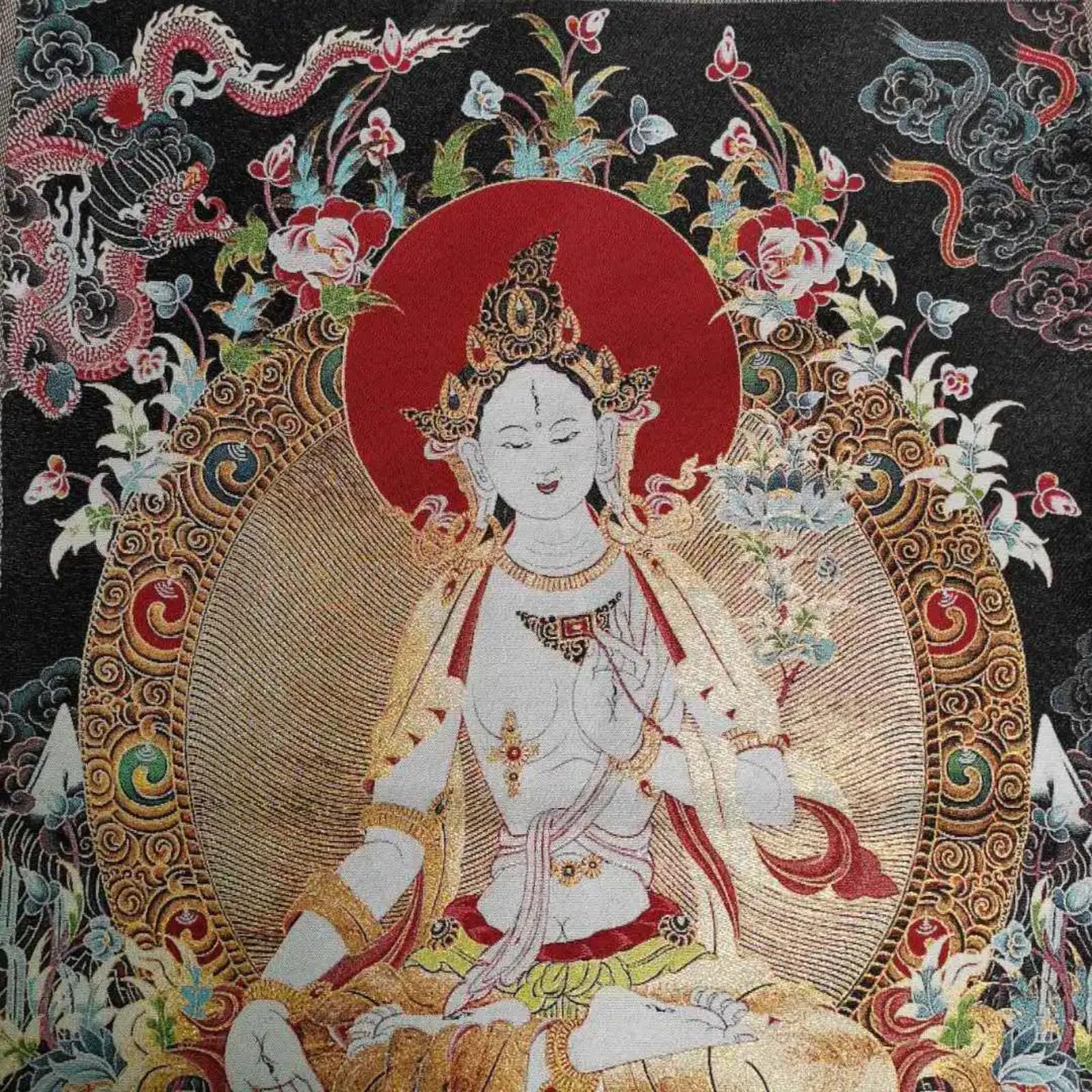FENNYYAR Tela tibetana tibetana in seta bianca Tara, 90 cm, decorazione murale Guanyin Kwan-yin Tangka Thangka