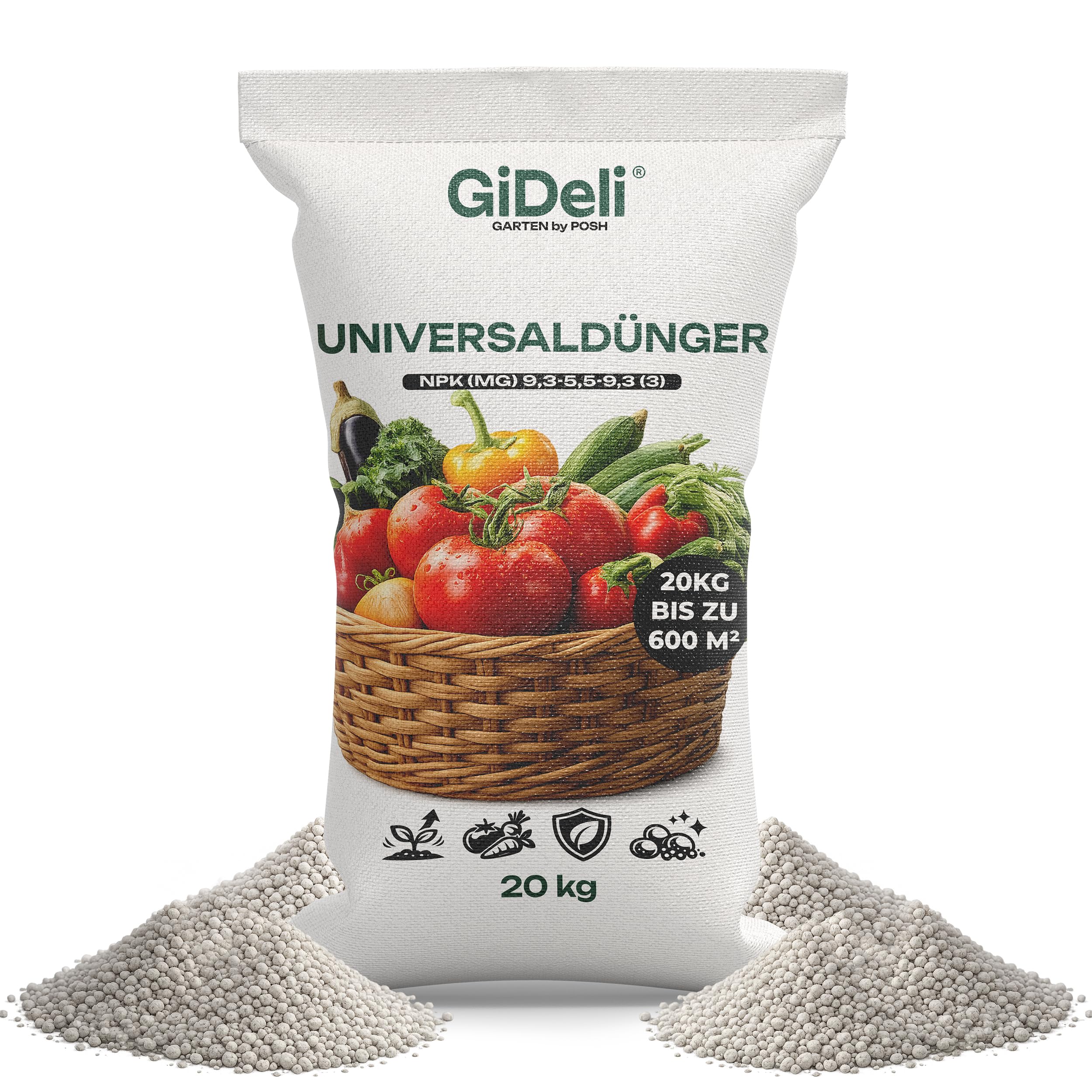 GiDeli Universaldünger 20 kg - Chloridarm Granulat für Gemüse und Obst | Vorrat für den Dauerbedarf, mit Magnesium und Mikroelementen, ergiebig für große Flächen, streubar
