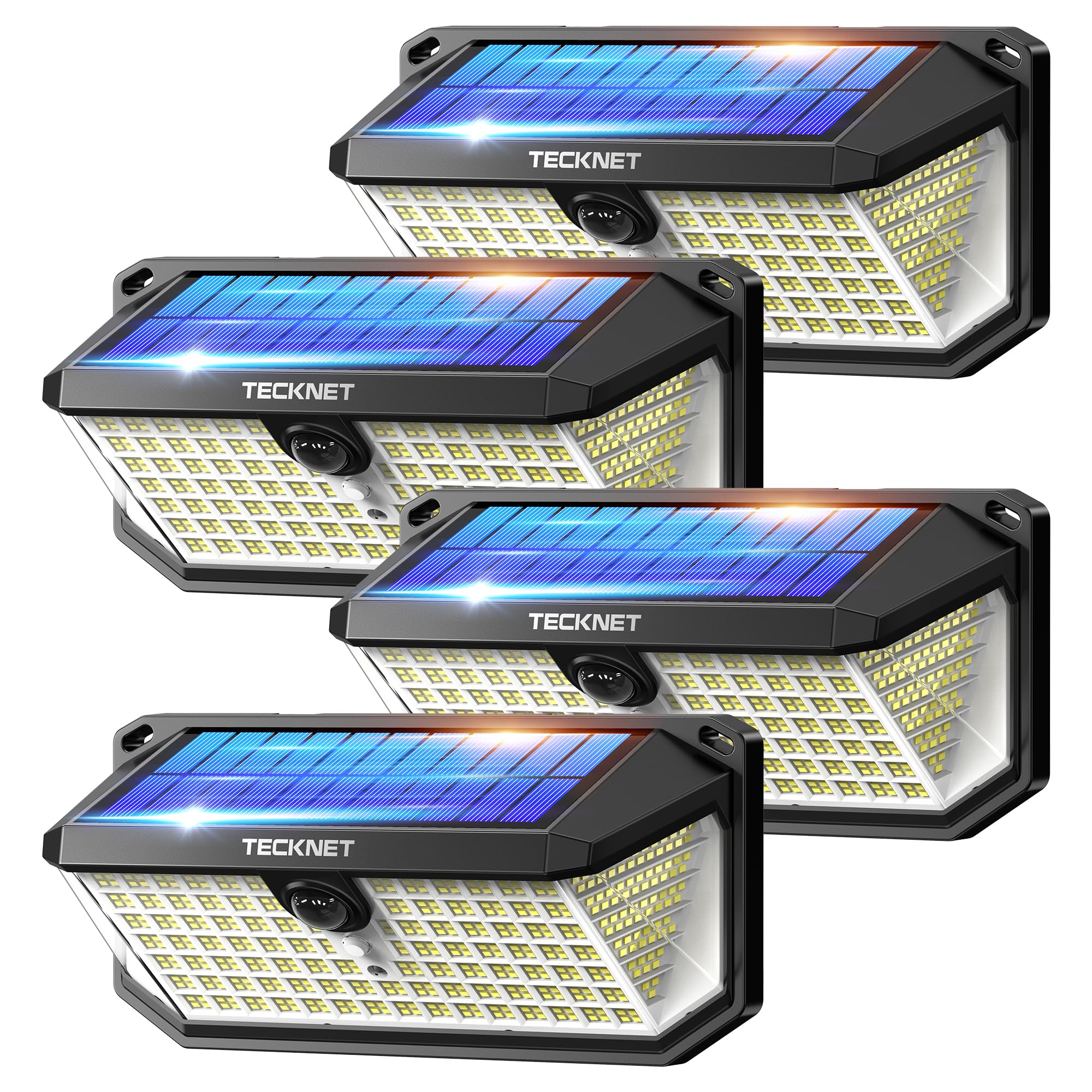 TECKNET Solarlampen für Außen mit Bewegungsmelder, 546 LEDs Lampe, 4 Stück | 300° breiter Beleuchtungswinkel, 3 einstellbare Lichtmodi, IP66 wasserdicht für Garten, Garage und Haustür
