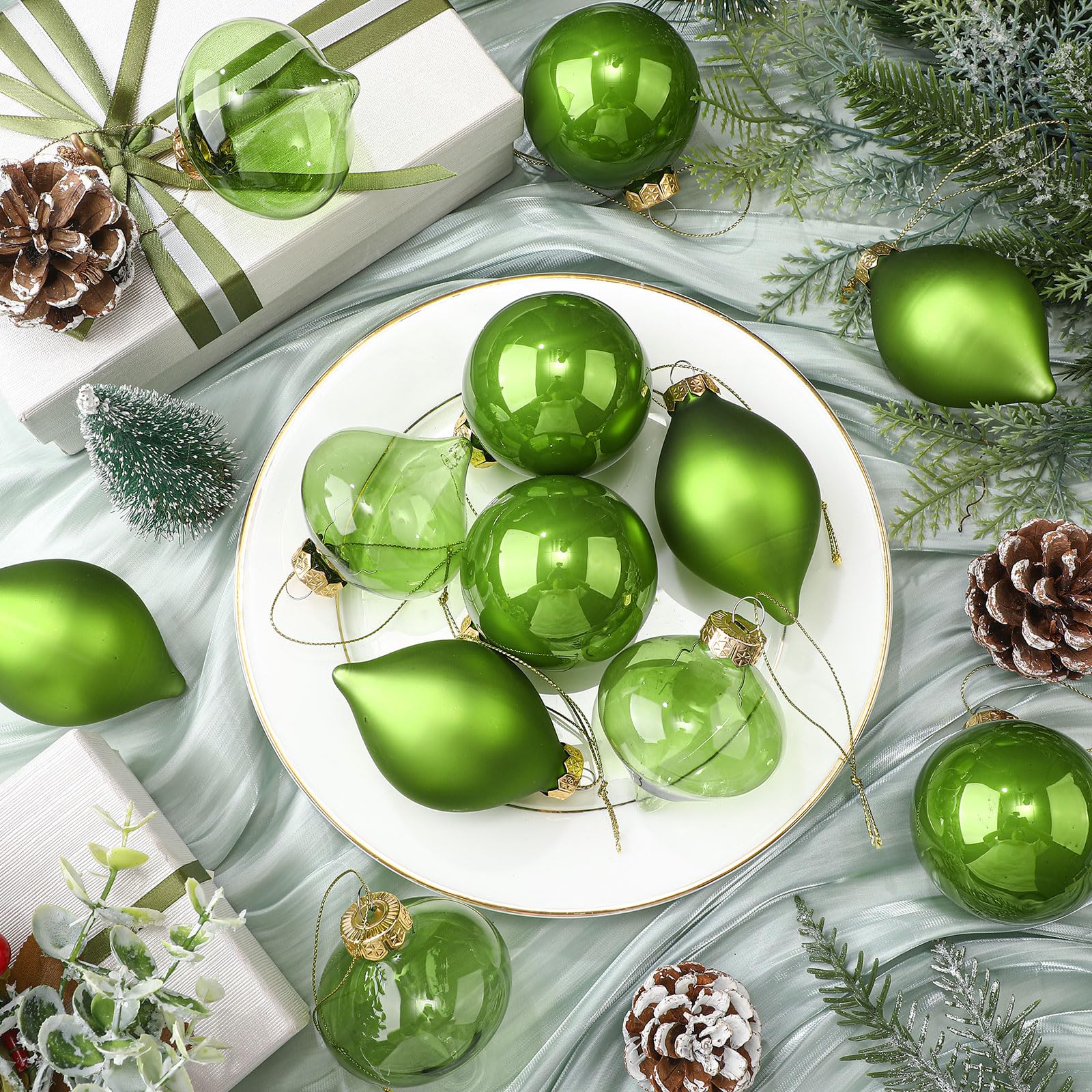 Zomiboo Lot de 12 boules de Noël en verre vert citron 8 cm | 3 styles d'ampoules en verre incassables à suspendre, ampoules légères en verre, pour décorations d'arbre de Noël, cadeaux