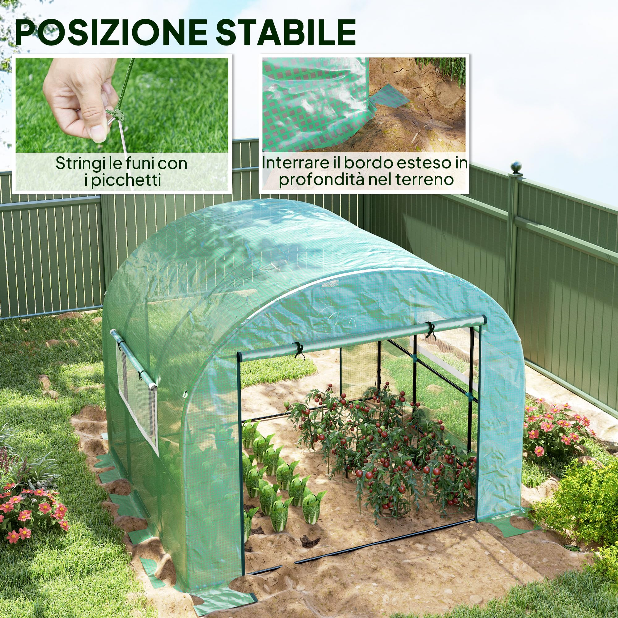 Outsunny Serra da Giardino a Tunnel 3x3x2 m con Porte e Finestre Avvolgibili, Serra per Orto con Struttura in Acciaio e Copertura PE, per Orto Verdure Fiori Frutta, Anti UV, Verde