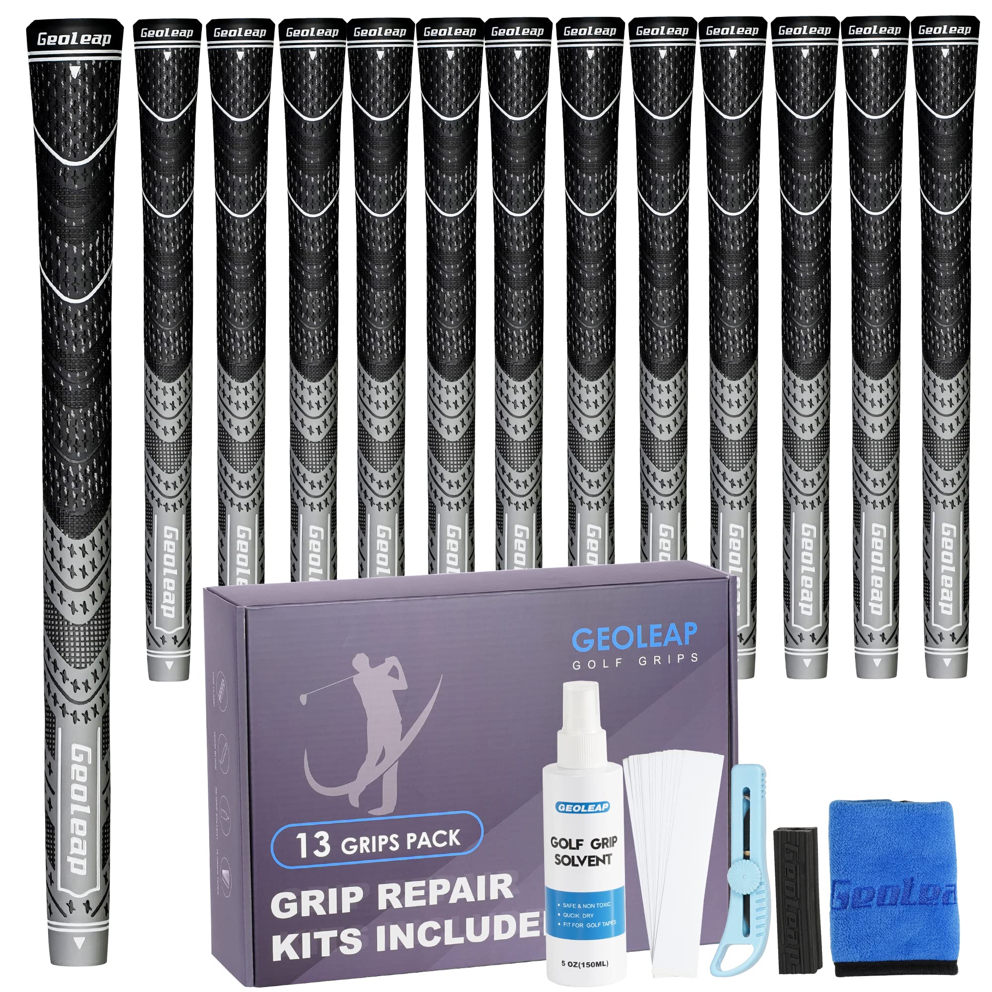 Geoleap Golf Grips Set of 13- Grips with Tapes and Grips with All Repair Kits for Choice,Hybrid Golf Club Grips All Weather Contral, High Feedback &