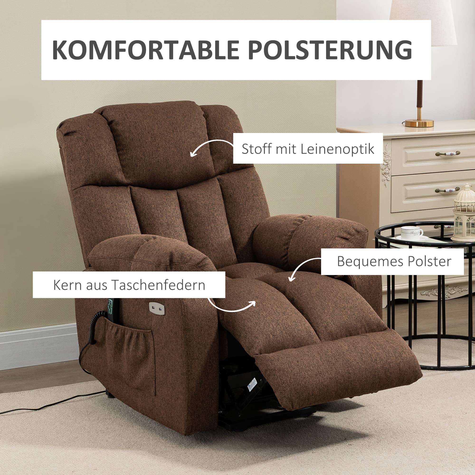 HOMCOM Fernsehsessel mit Aufstehhilfe Elektrisch Verstellbar, Relaxsessel mit Liegefunktion, TV-Sessel mit Fernbedienung, 2 Seitentaschen und Fußteil, USB-Anschluss Braun