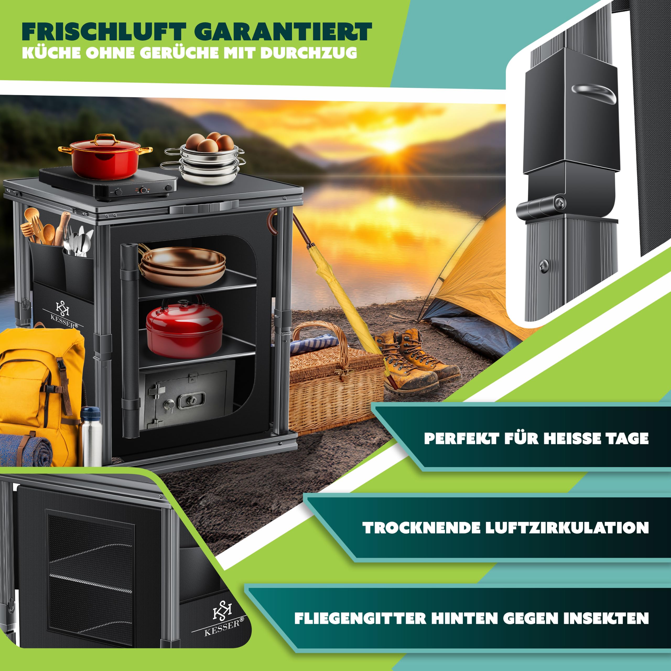 KESSER® Camping Küche faltbar | Outdoor Campingschrank 60x80cm | Küchenschrank mit Aluminiumgestell, 3 Fächer inkl. Seitentaschen & Fliegengitter | Campingküche aus UV-resistentem Stoff