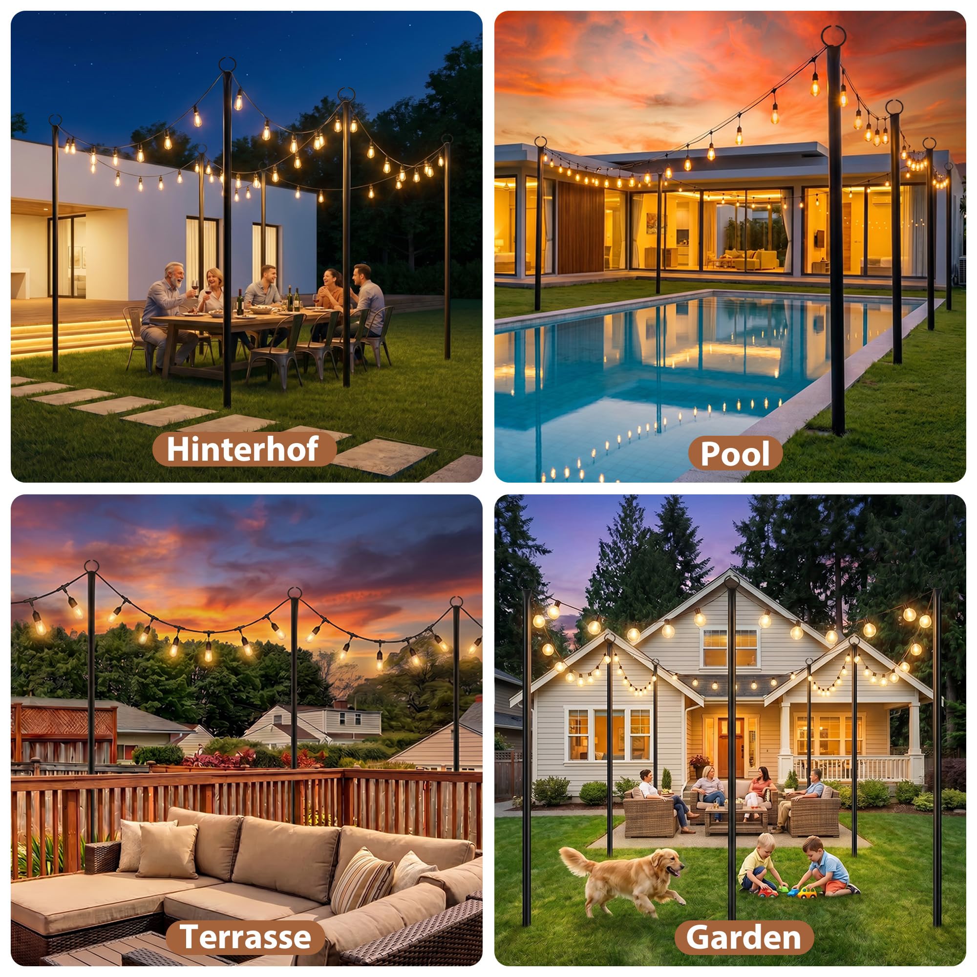 3,2M Metall String Light Poles 2 Pack für Außen – Lichterketten Stangen mit Spiral-Design, korrosionsbeständig & wetterfest für Terrasse, Garten, Party & Weihnachten, schwarz[Energieklasse A]