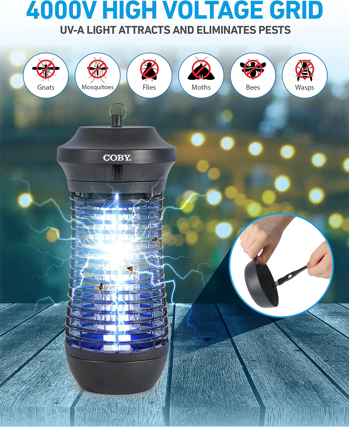 Coby Bug Zapper with lightning effects around its grid, showing it eliminates gnats, mosquitoes, flies, moths, bees, and wasps. Also shows hands removing the collection tray.