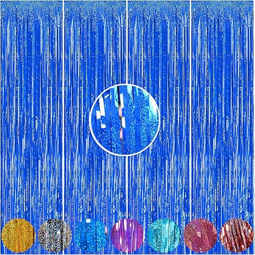 4Pack Royal Blue Foil Fringe Curtain, 3.3 x 9.9 Feet Blue Tinsel Backdrop Blue StreamersStreamers Party Decorationsfor Birthday Wedding Party Sonic