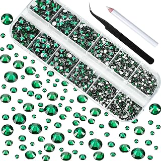HUETFAT 2400pcs Flatback Rhinestones Gems Nail Diamonds-Glass Nail Crystals 6 Sizes (1.5-4.8 mm) Green Nail Art Rhinestones Kit with Tweezers and Wax Pencil Gems for Crafts/Tumblers/Face Eye Makeup