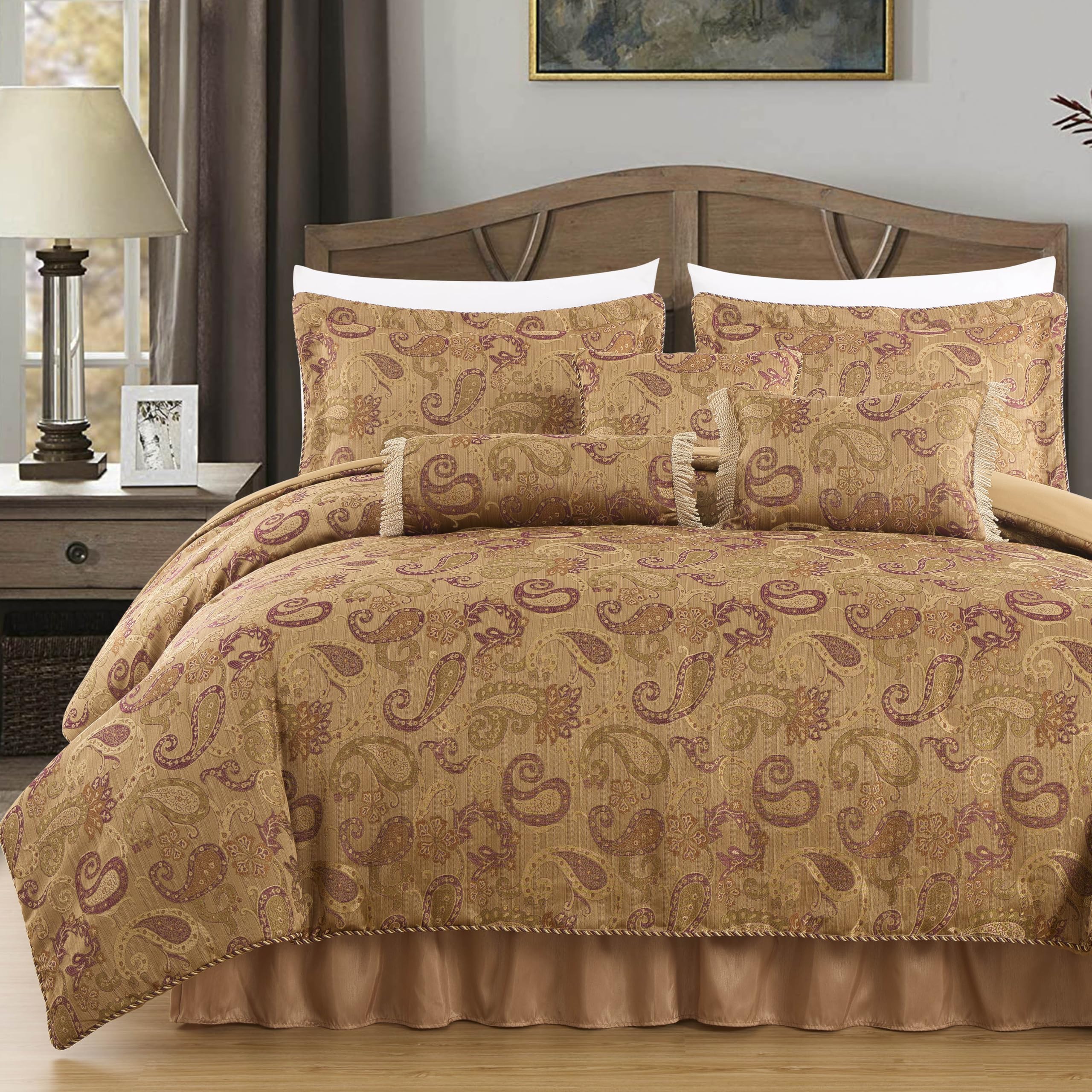 Chezmoi Collection Adelle 7 Parça Şal Desenli Jakarlı İşlemeli Yorgan Nevresim Takımı, California King Boy