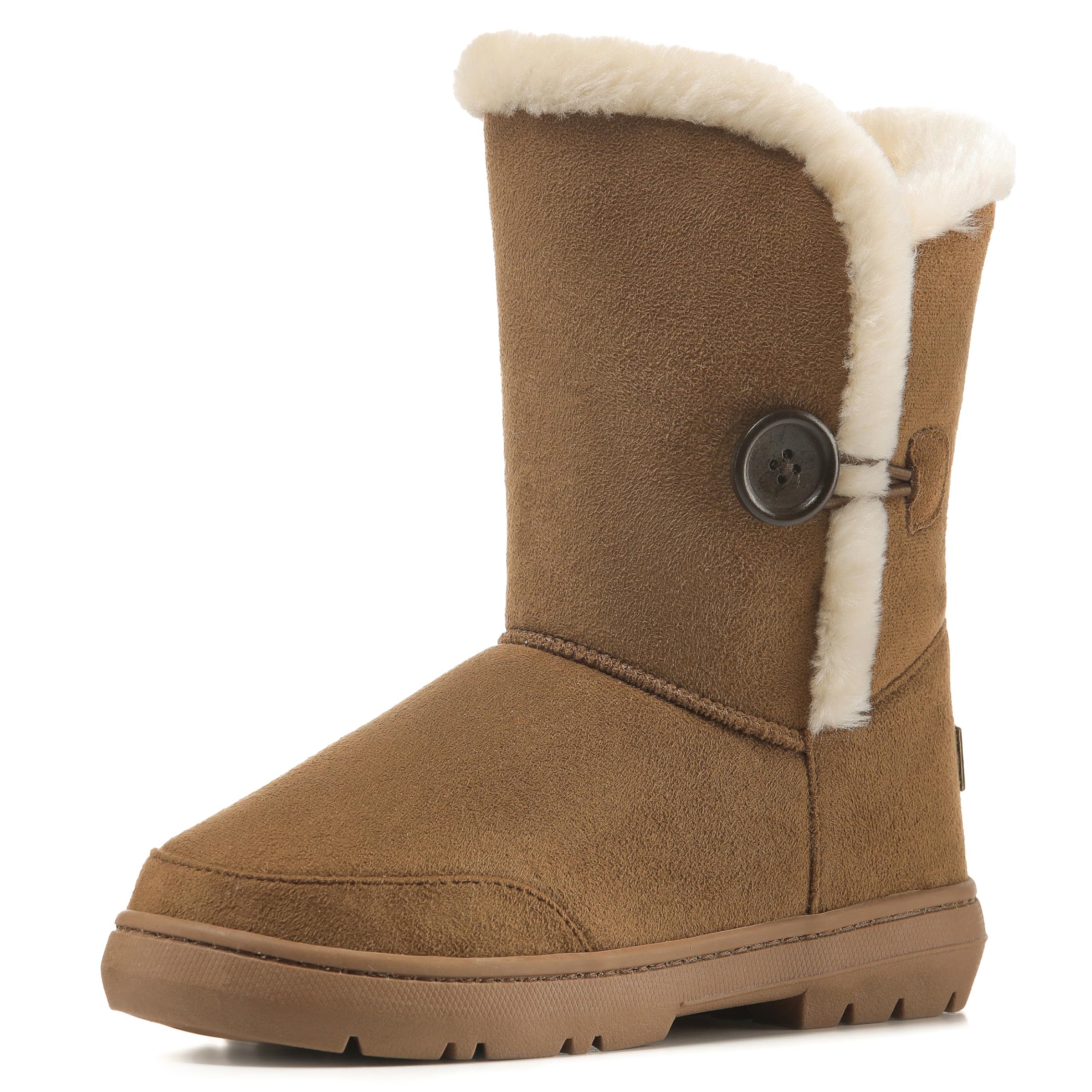 Holly Women’s Waterproof Winter Ankle Boots - Faux Fur Lined Slip-On Shoes with Single Button Detail - Comfortable Warm Outdoor Footwear - Tan - UK7/40