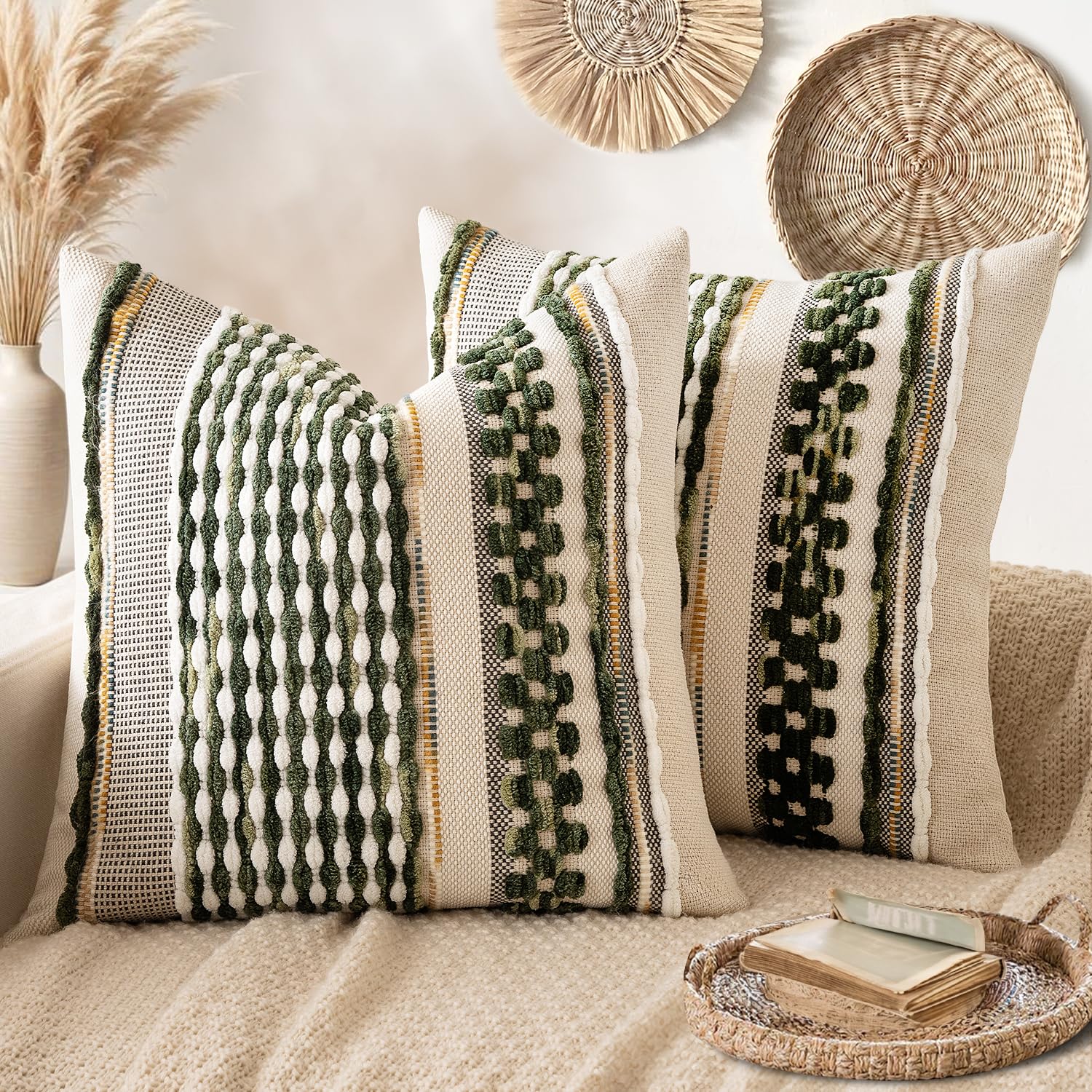 Olive Green Striped Throw Pillow Covers - Set of 2
