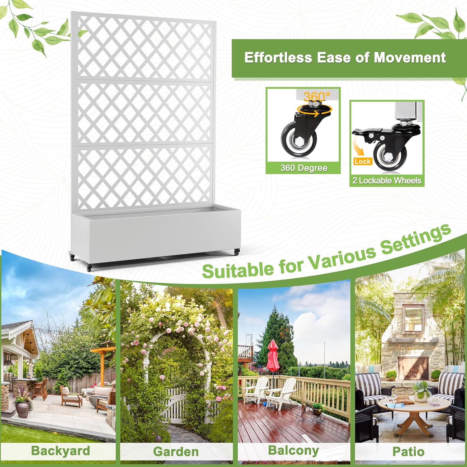 Close-up of the FENCY planter's wheels, showing a 360-degree swivel wheel and a lockable wheel.