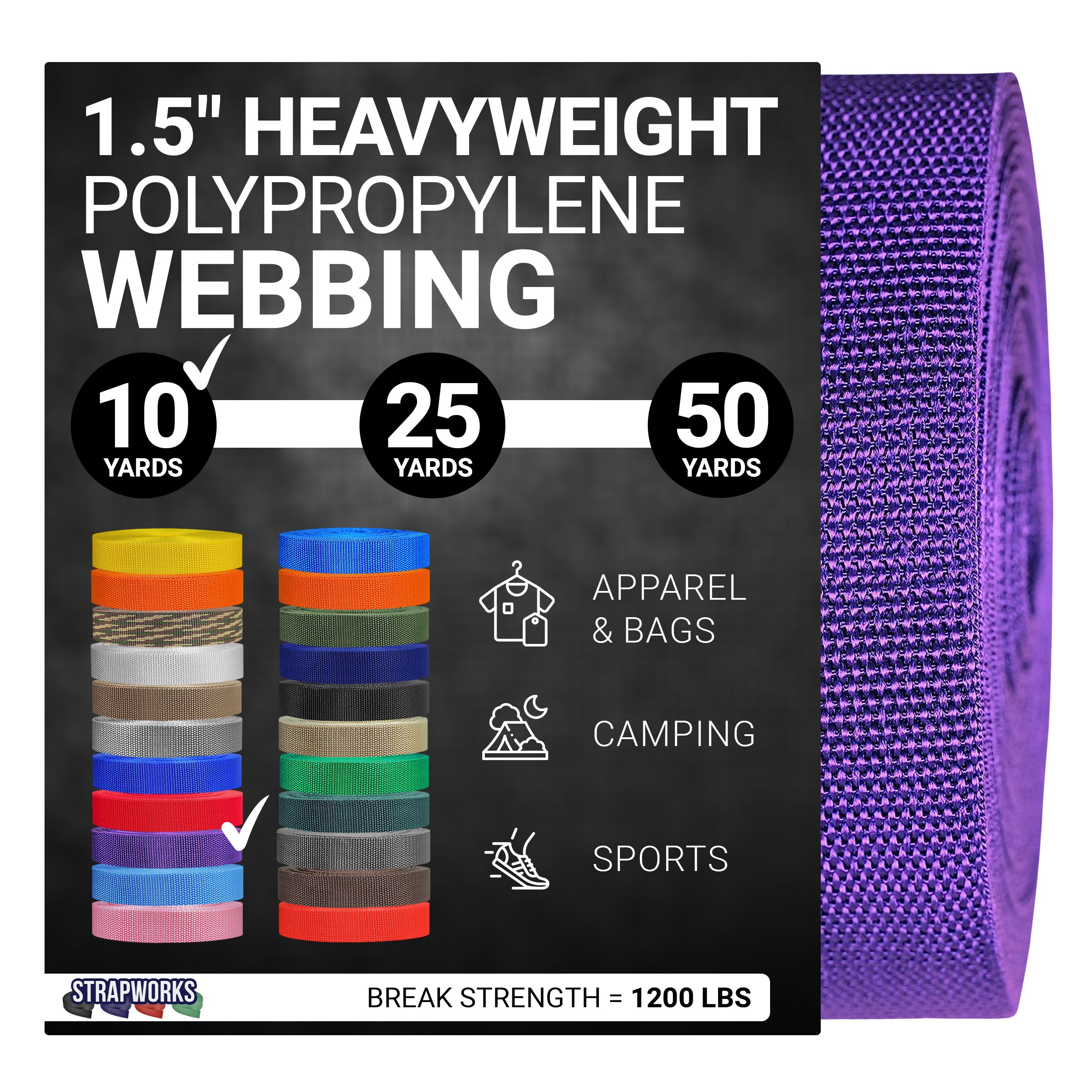 Strapworks Heavyweight Polypropylene Webbing - Heavy Duty Poly Strapping for Outdoor DIY Gear Repair, 1.5 Inches