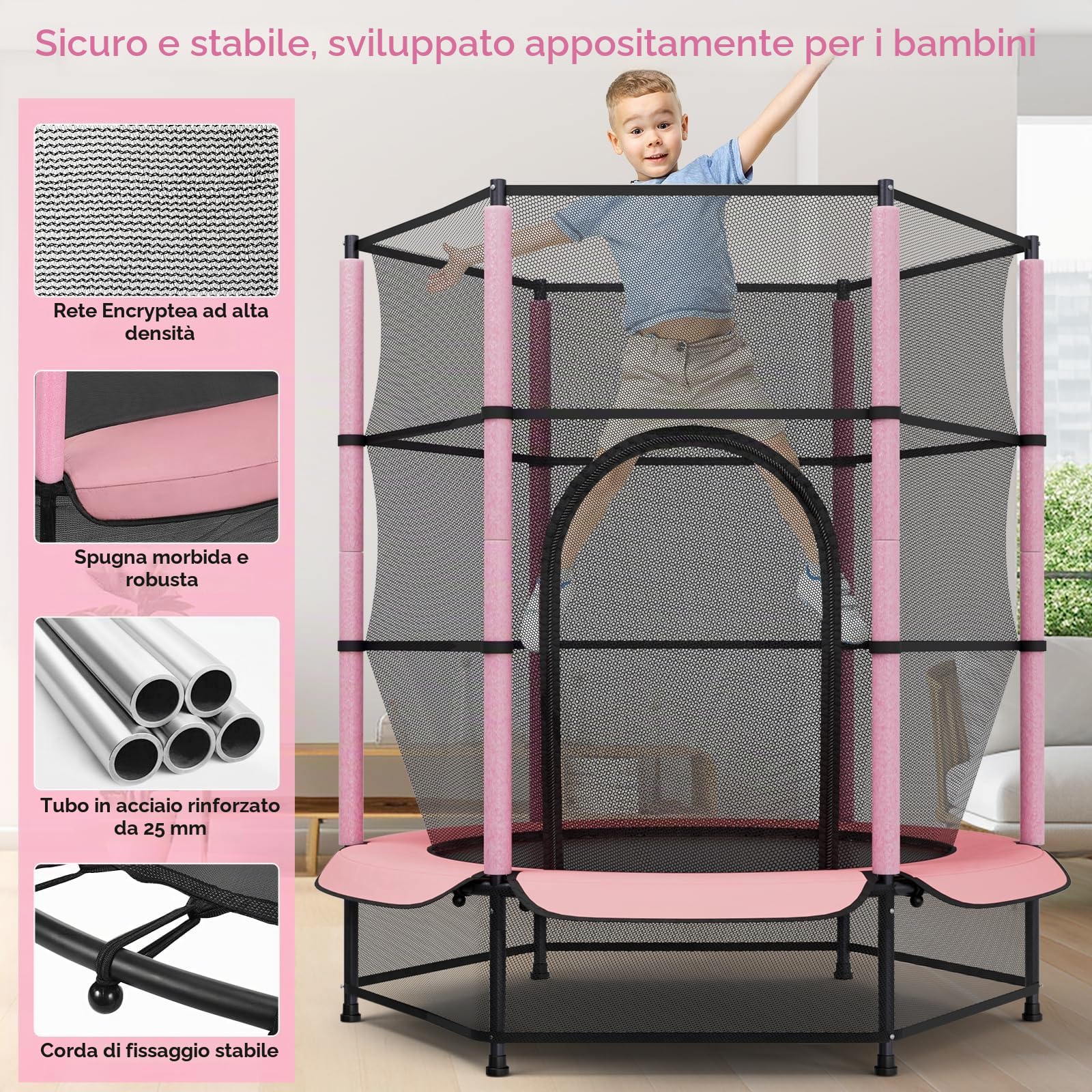 LIFERUN Trampolino per bambini, per esterni, Ø 140 cm, per interni e bambini, con rete di sicurezza, trampolino da giardino per allenamento e intrattenimento, fino a 50 kg