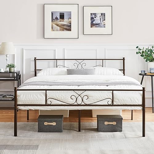 Yaheetech Classic Metal Platform Bed Frame with Headboard and Footboard Flower Design Mattress Foundation Easy Set Up Structure Full Size Bronze