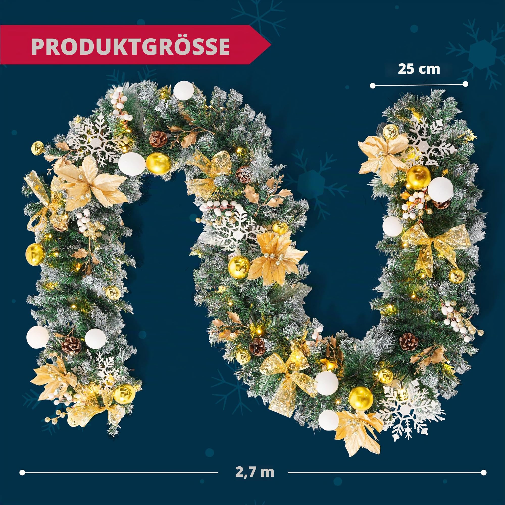JOIEDOMI Beleuchtete 9 Fuß Lange Weihnachtsgirlande mit 75 LED-Lichtern, batteriebetriebene beleuchtete Girlande mit Timer und Ornamenten, künstliche Weihnachtsdekoration für drinnen und draußen