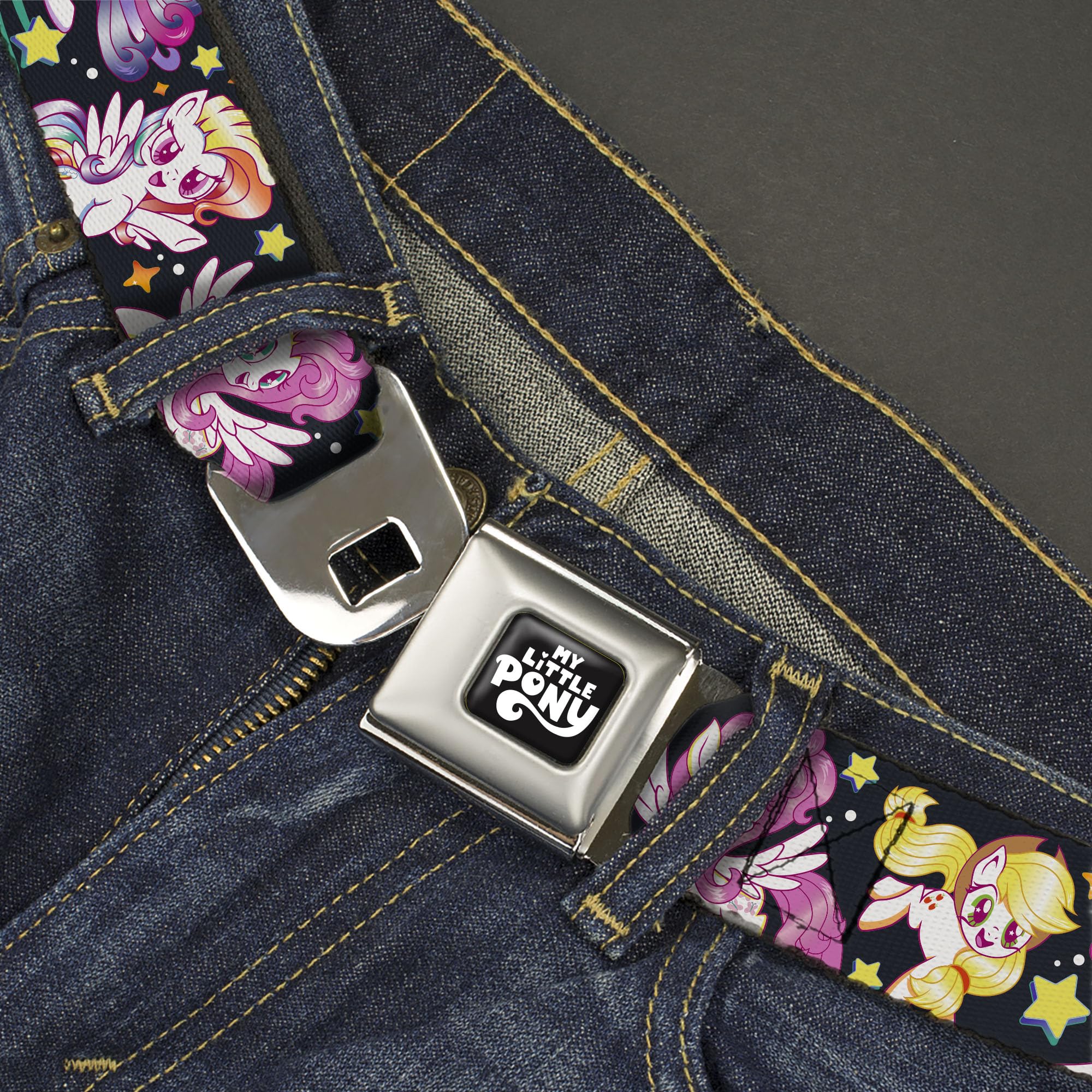 My Little Pony Belt, Seatbelt Buckle Belt, My Little Pony Five Retro Pony Action Pose Black Multi Color, Youth 20 to 36 Inches