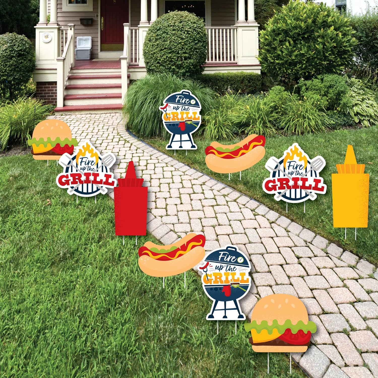 Big Dot of Happiness Fire Up the Grill - Grill, Ketchup, Mustard, Hot Dog, and Burger Lawn Decorations - Outdoor Summer BBQ Picnic Party Yard Decorations - 10 Piece