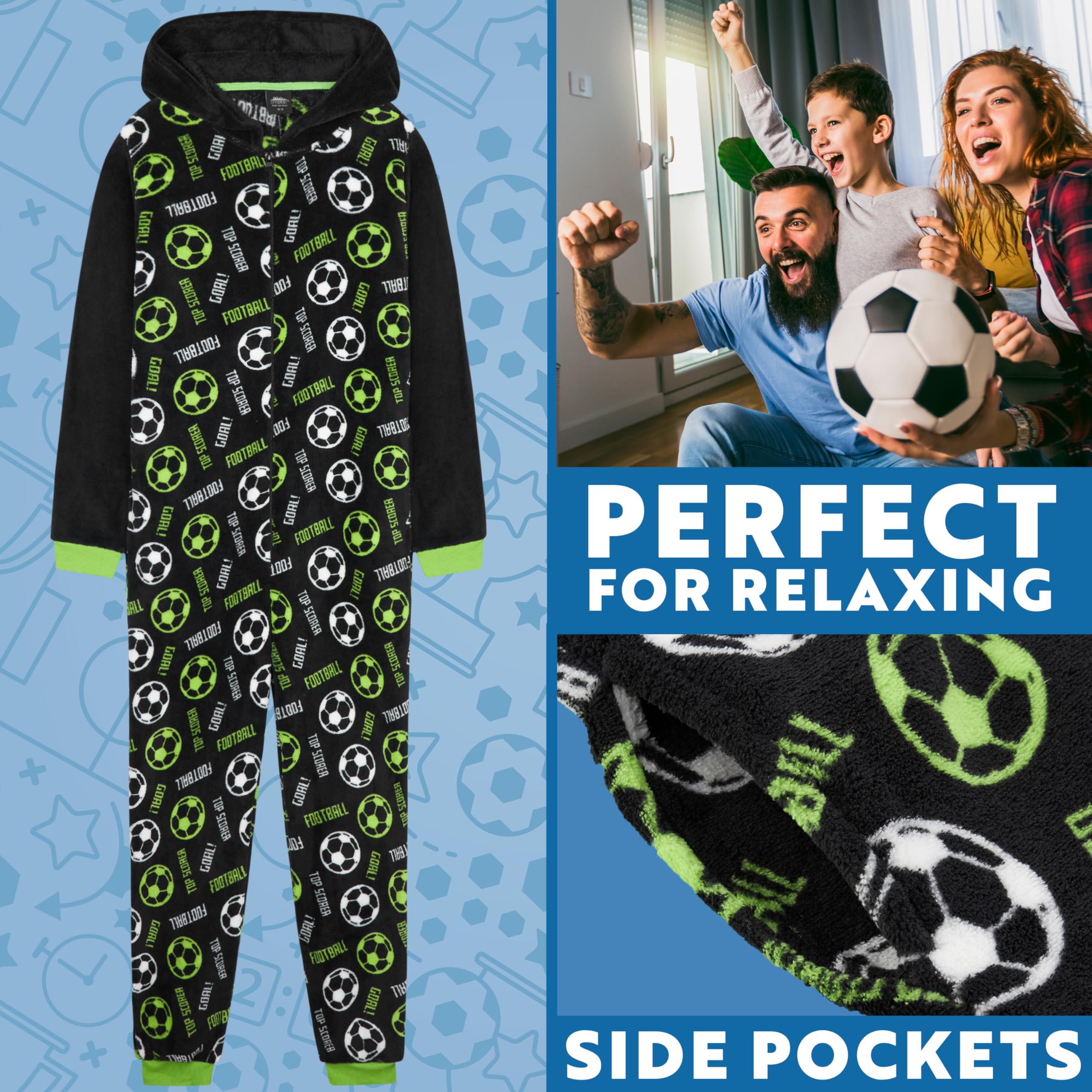 Get Trend Pijama Niño Entero Cremallera, Ropa de Dormir Adolescentes, Mono Cálido de Fútbol o Videojuegos con Capucha, Ideas Regalo