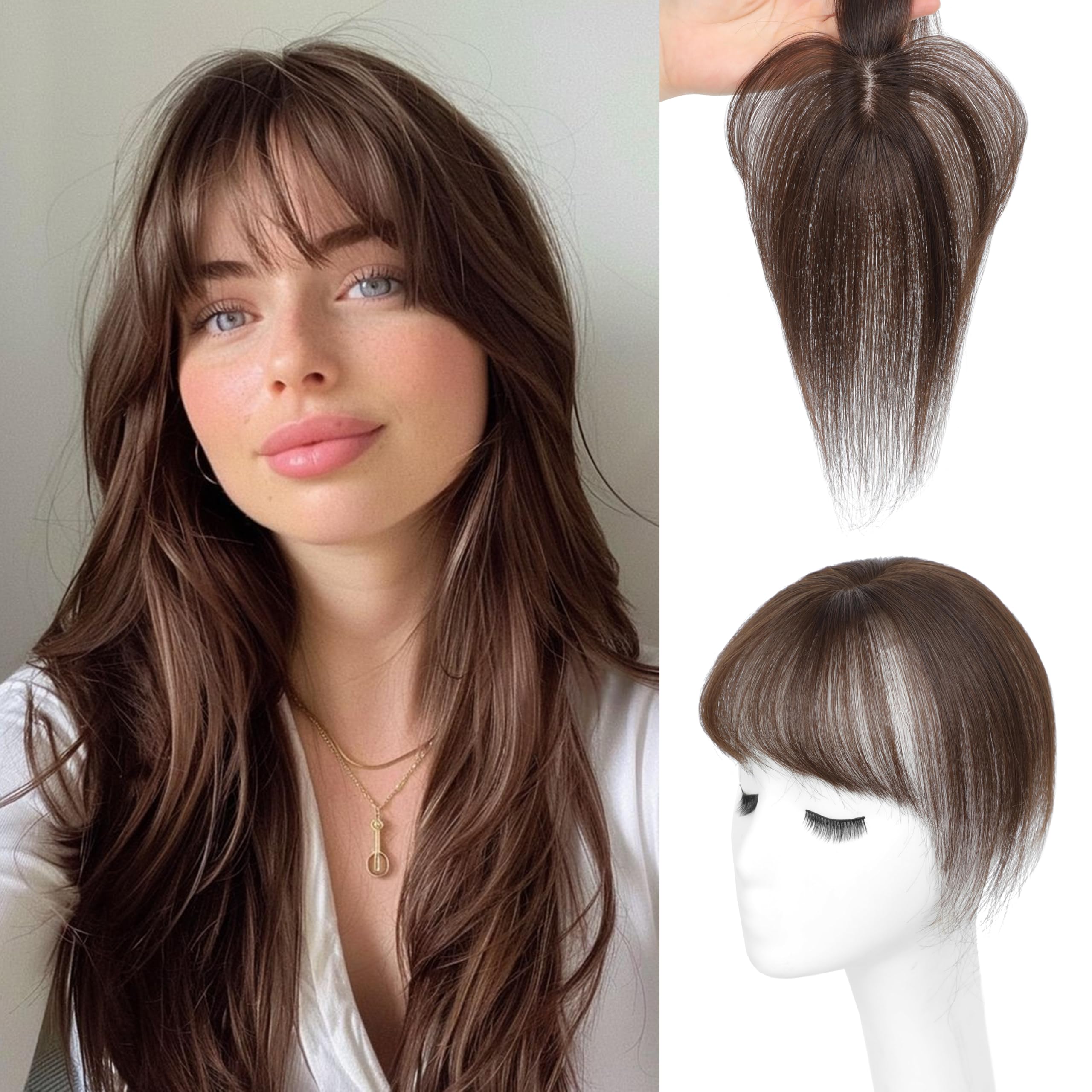 Hair Toppers for Women Real Human Hair-360°3D Topper with Bangs for Thinning Hair Clip in Bangs with Upgraded Silk Base Perfect for Daily Wear,4×6 Dark Brown
