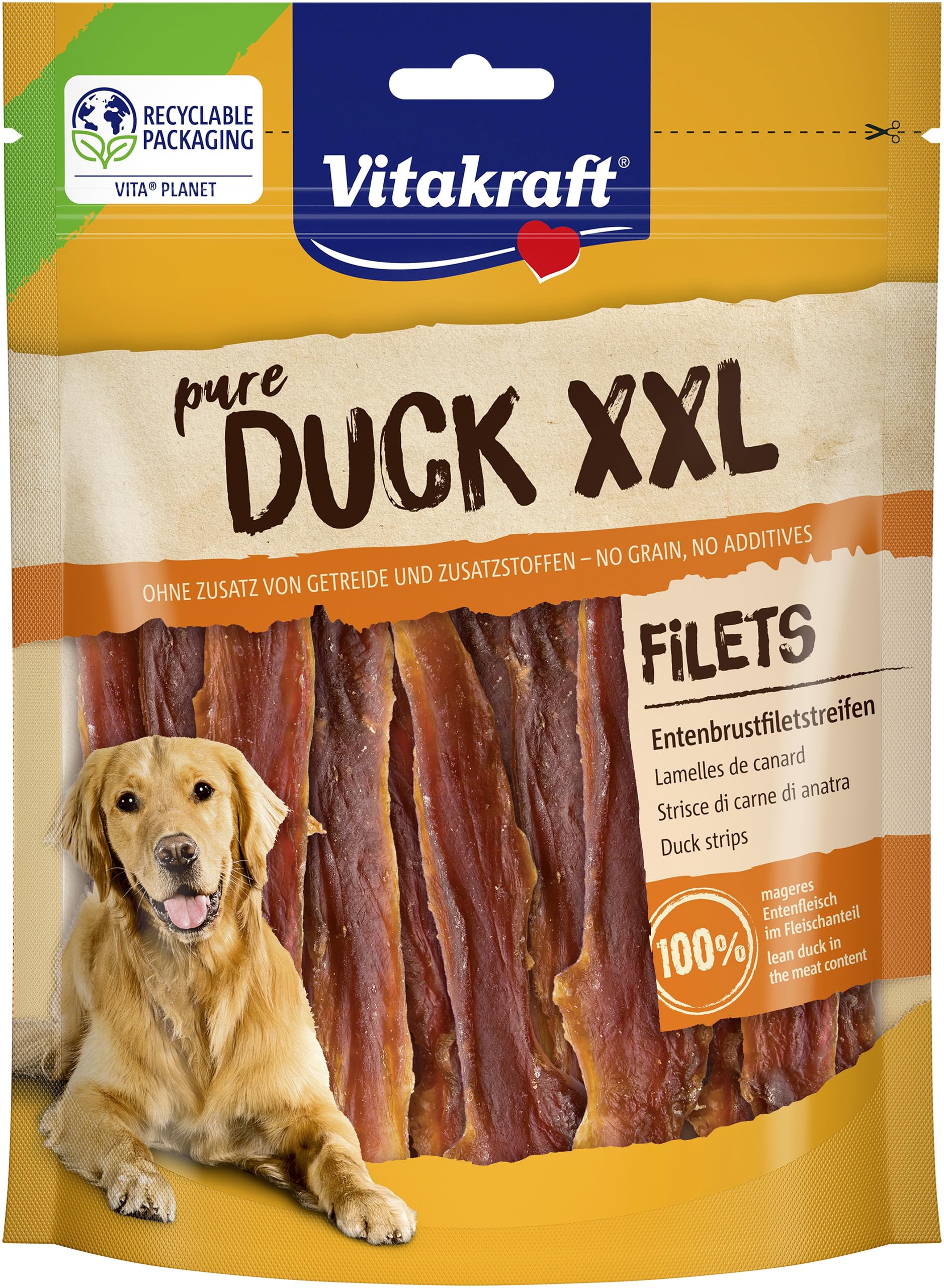 Vitakraft Pure Duck XXL Filet, Hundeleckerli, Entenbrustfiletstreifen, Hunde Trainingsleckerli, ohne Zusatz von Zucker (6x 250g)