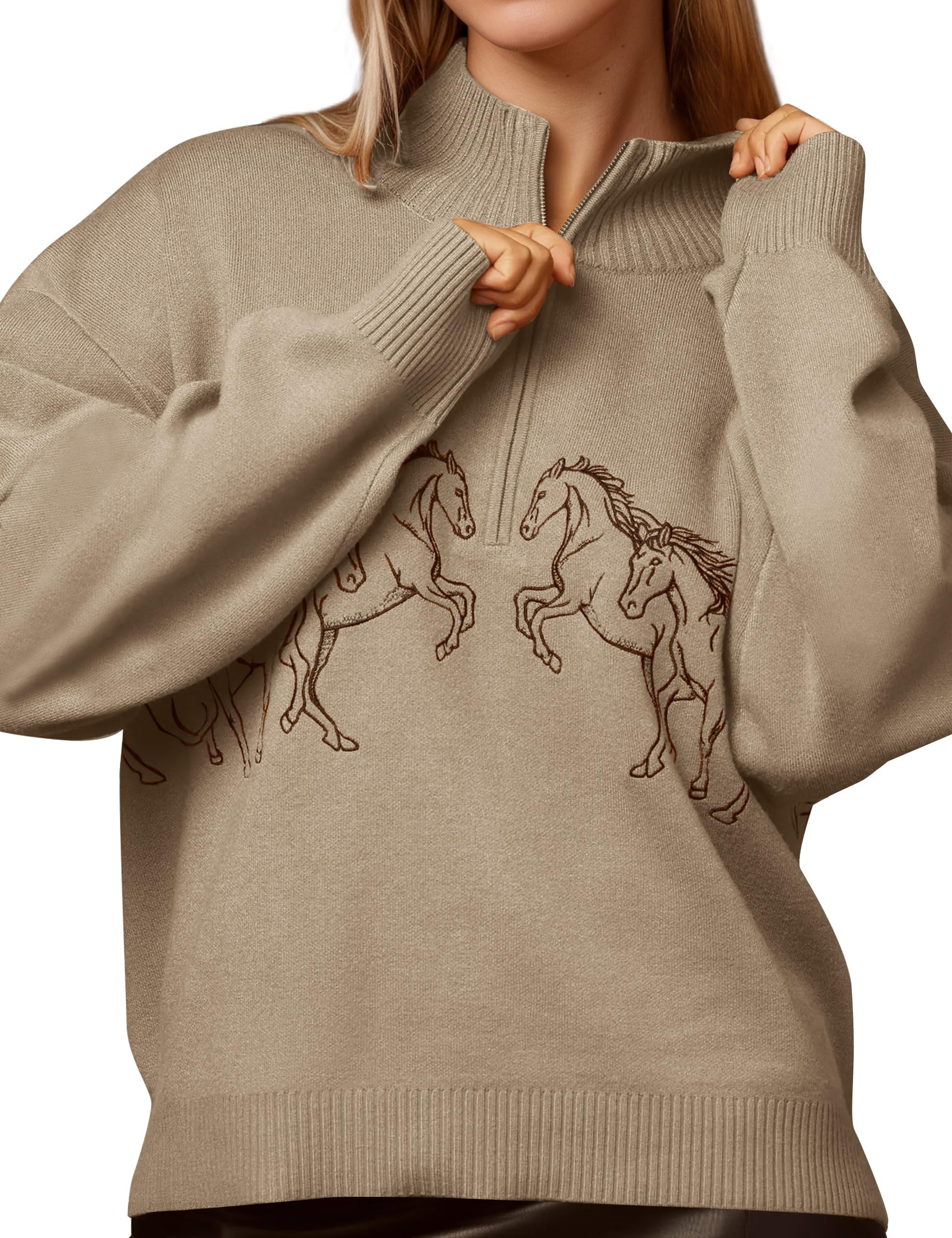 Livtany Womens Horse Graphic Half-Zip Mock Neck Sweater