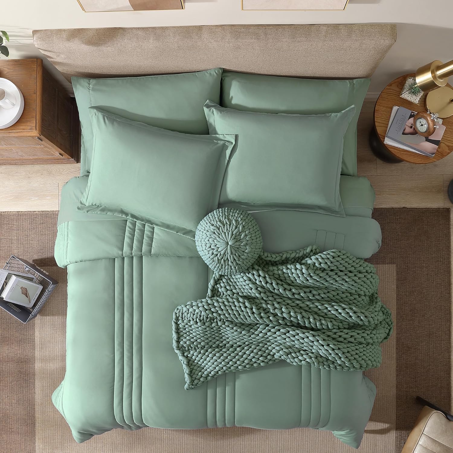 Monbix Queen Comforter Set - 7 Pieces Harbor Green Bed in a Bag Queen Bedding Sets with Comforters, All Seasons Comforter Bed Set with Sheets, Pillowcases & Shams - Image 2