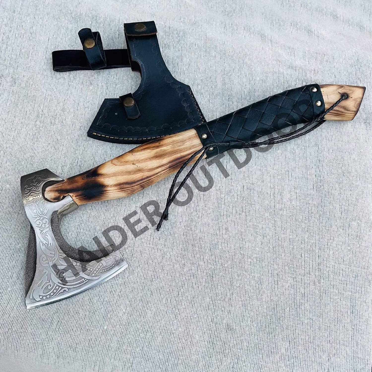 | Custom Hand Forged Viking Bearded Hatchet Etching Steel Throwing Tomahawk Hunting Axe Handle made Ash Wood with Black Leather Wrapped | Battle Axe | Viking Axe | Birthday Gift