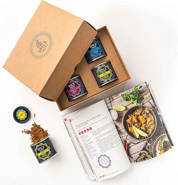 Spice Pots Curry Spice Kit with 80 Easy Curry Recipes - 4 Spices - Korma, Bhuna, Goan, Tandoori Spice Mix - Cook Book - Gifts for Men - Christmas Gifts - Gluten Free - Students Gifts - 4 x 40g