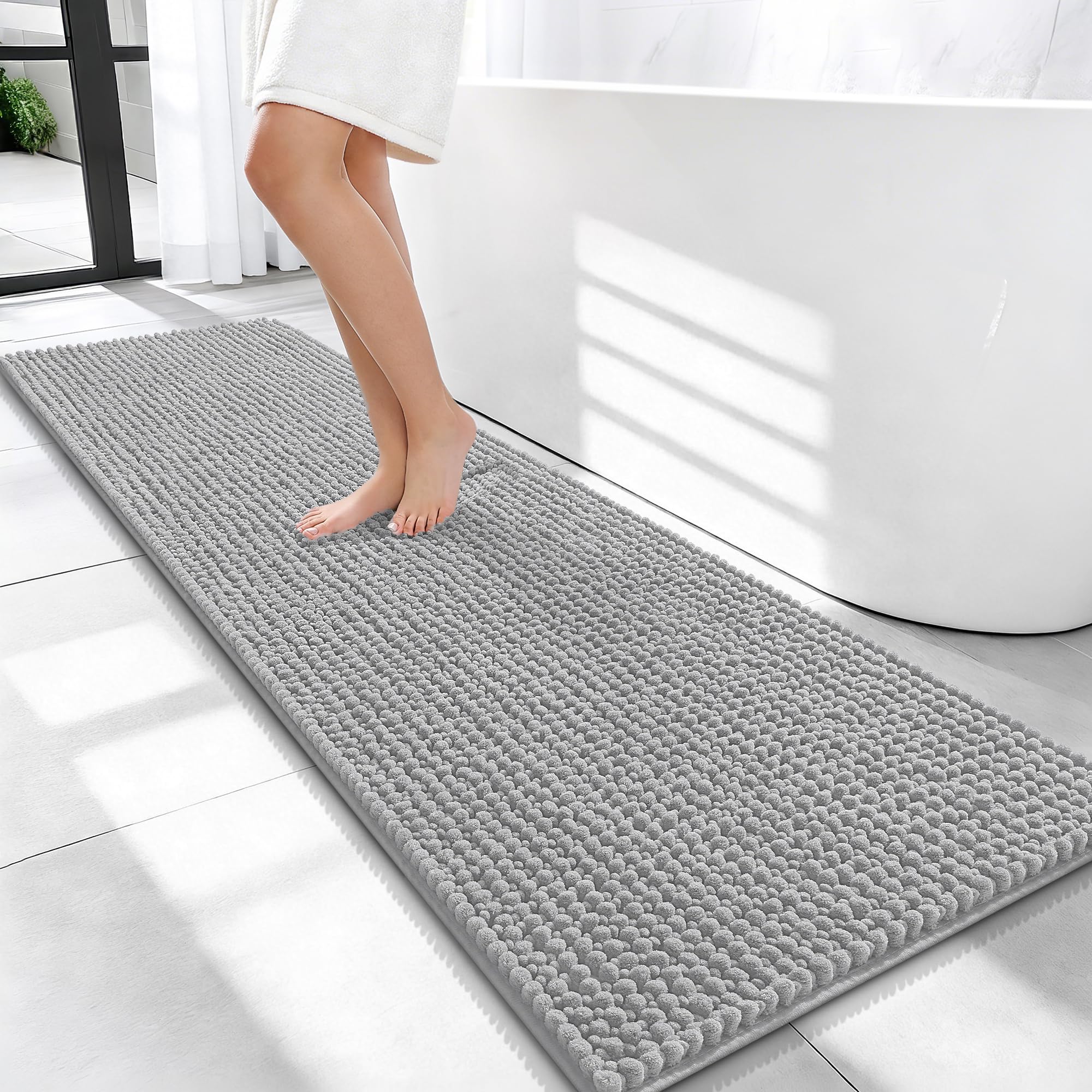 OLANLY Thick Chenille Bathroom Runner Rugs Mats 59x20, Light Grey