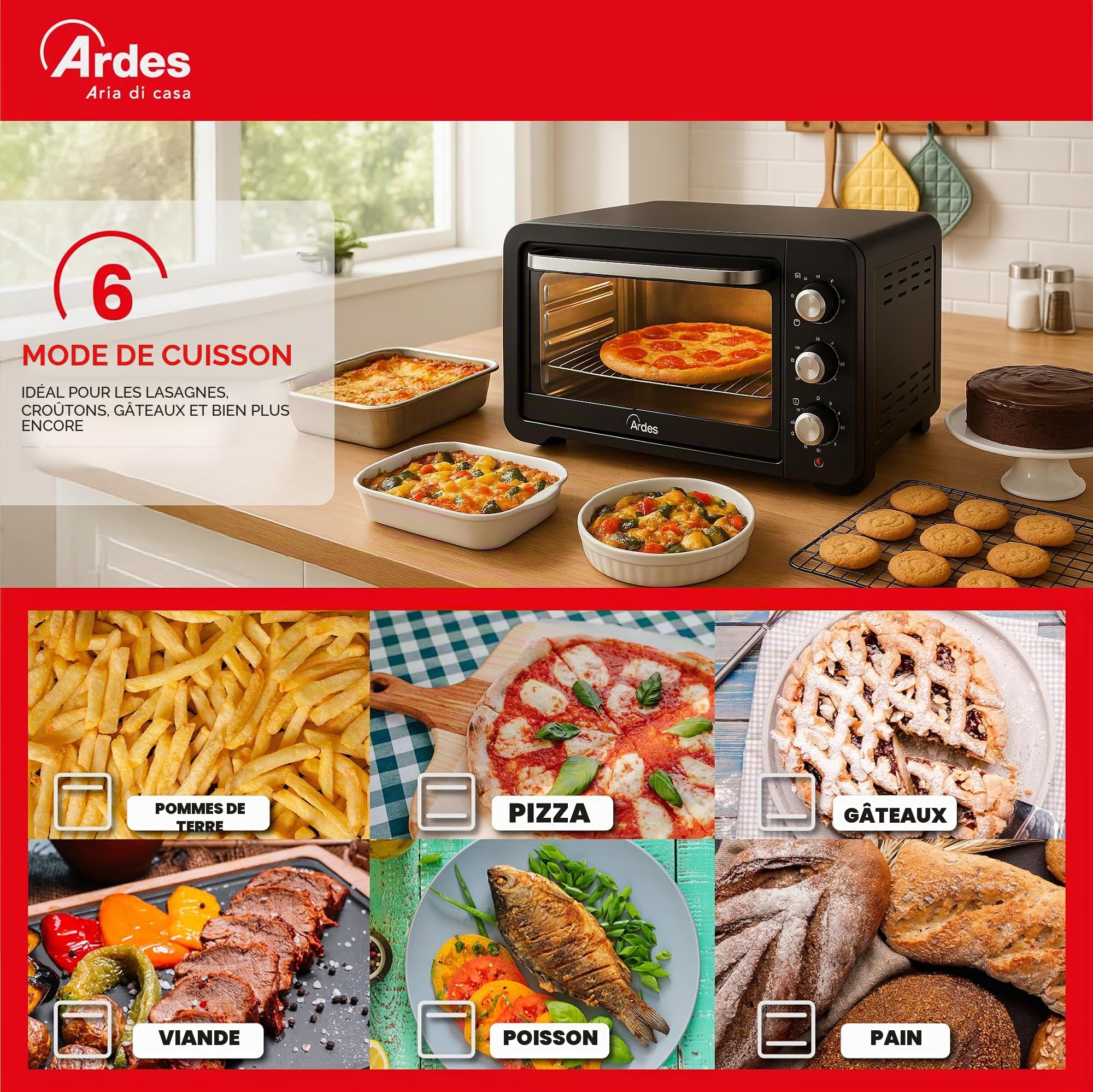 ARDES - AR6245PB Four électrique ventilé Capacité de 45 litres avec lumière interne 6 fonctions de cuisson minuterie double vitrage avec accessoires MAGNUS, Noir