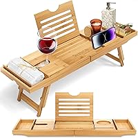 SereneLife Bamboo Bath Caddy Tray - Adjustable Waterproof Bathtub & Breakfast in Bed Tray with Folding Arms, Device & Wine Holders