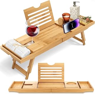 SereneLife Bamboo Bath Caddy Tray - Adjustable Waterproof Bathtub & Breakfast in Bed Tray with Folding Arms, Device & Wine Holders