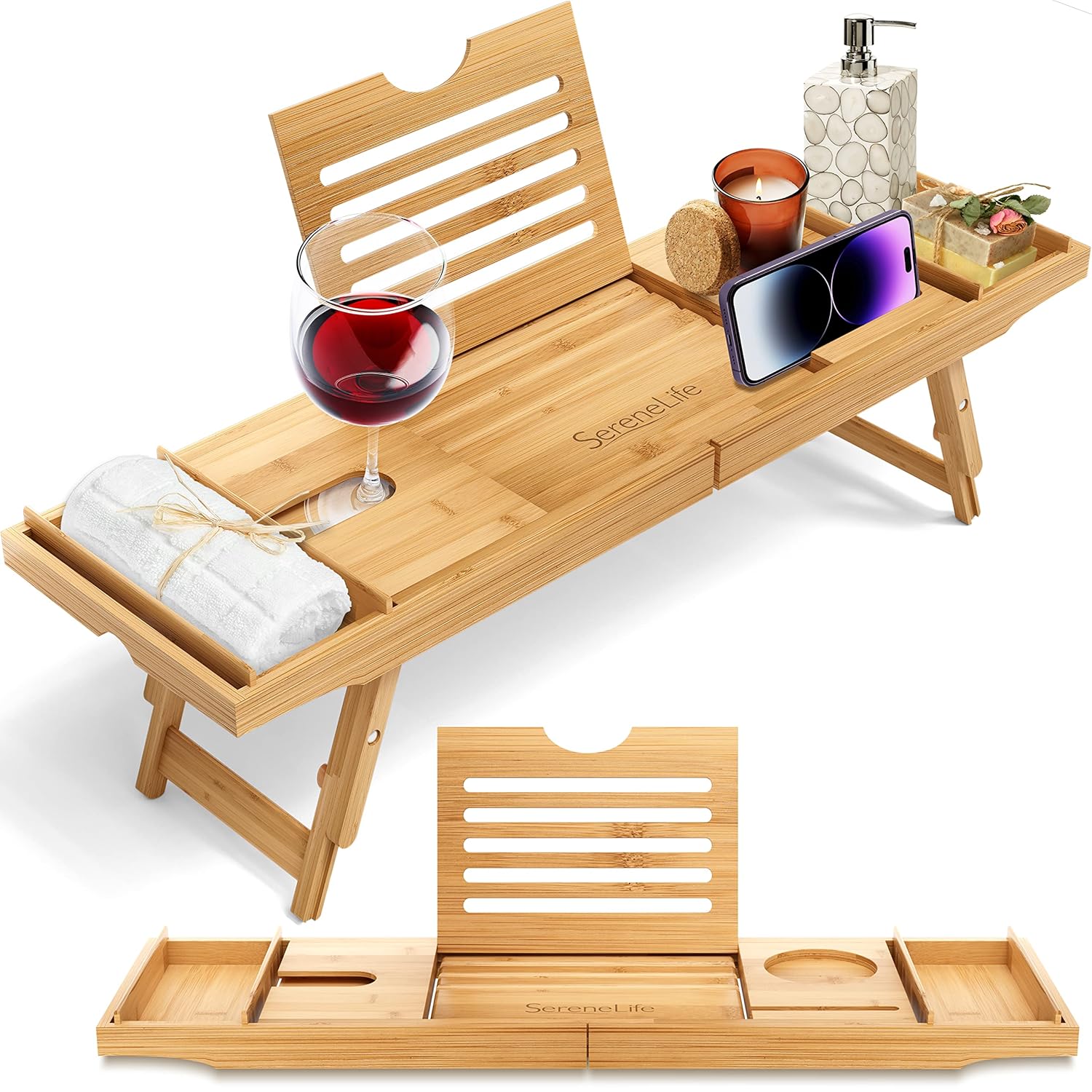 SereneLife Bath Caddy Breakfast Tray Combo - Natural Bamboo Wood Waterproof Tub and Bed with Folding Slide-Out Arms